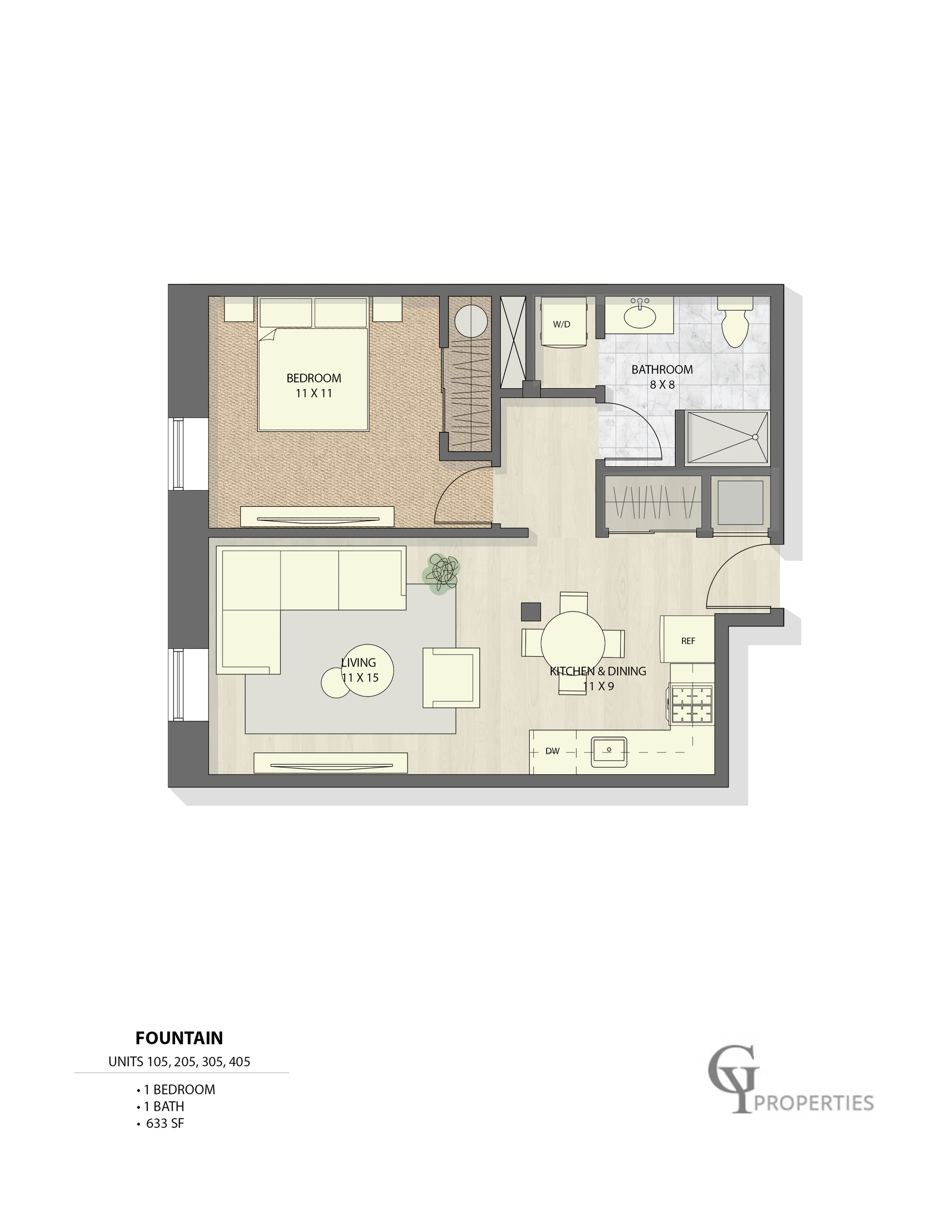 Detailed floor plan of Fountain units with 1 bedroom, 1 bathroom, living area, and kitchen/dining space.