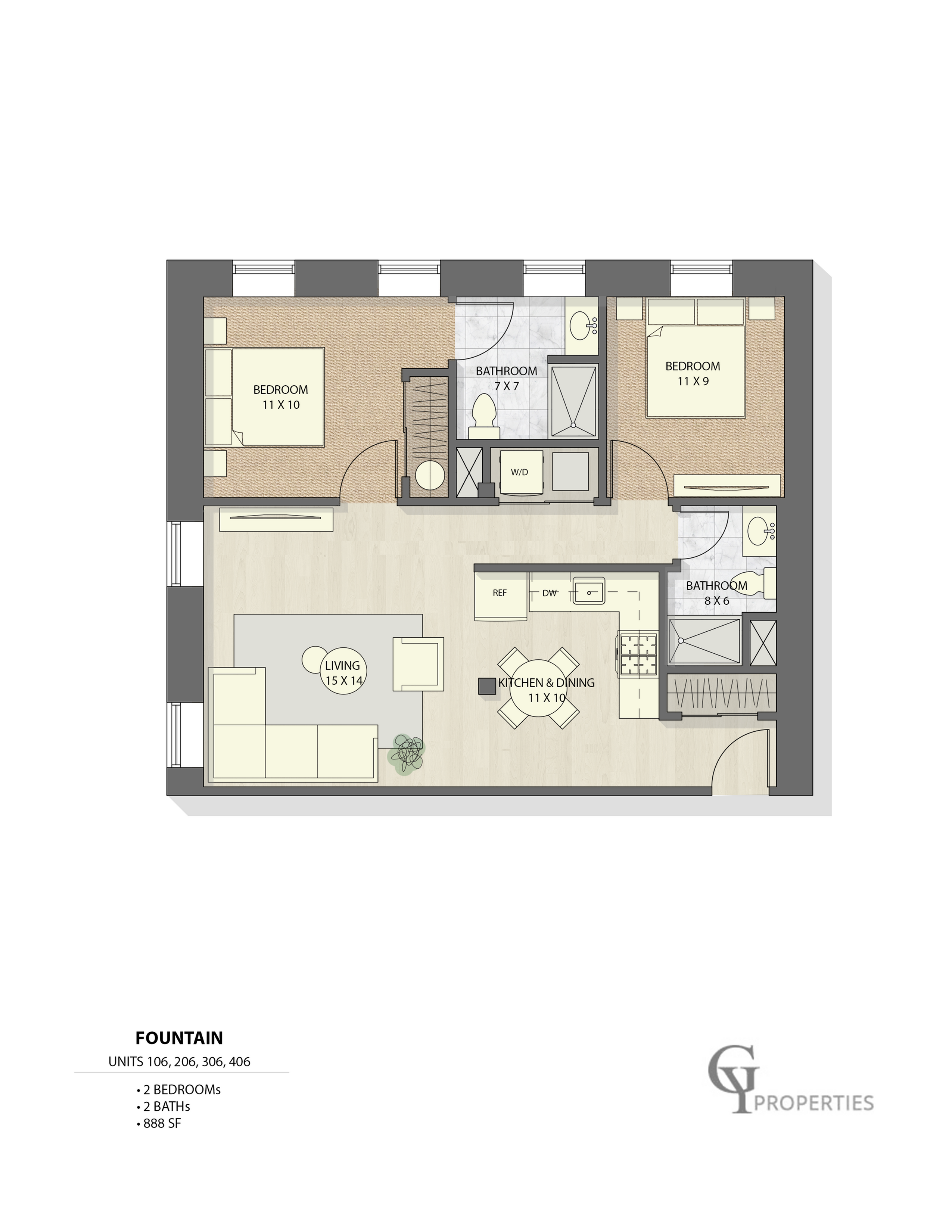 Fountain floor plan with 2 bedrooms, 2 bathrooms, spacious living area, and kitchen, 888 sq ft.