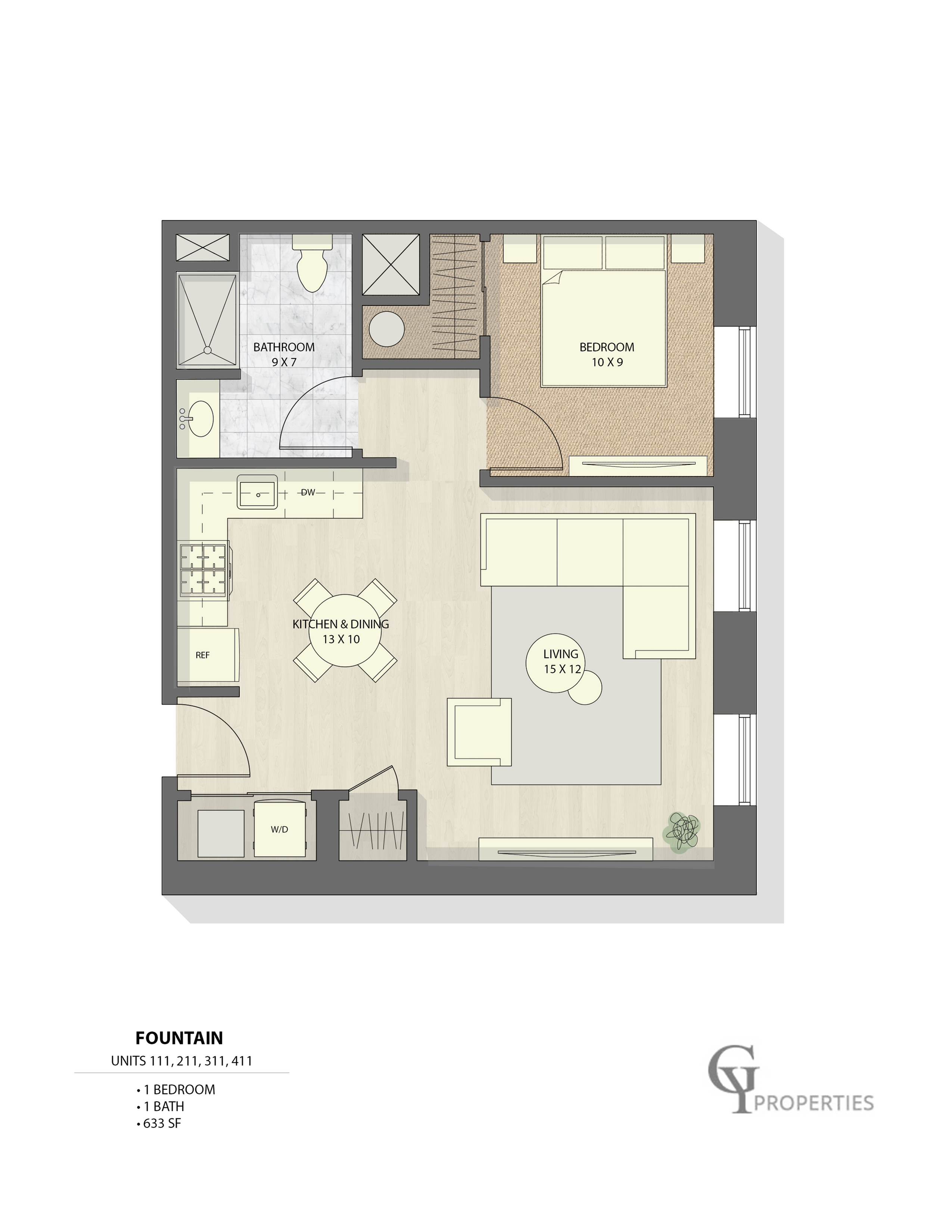 Contemporary 2D floor plan with 1 bedroom, a modern kitchen and dining area, and spacious living room.