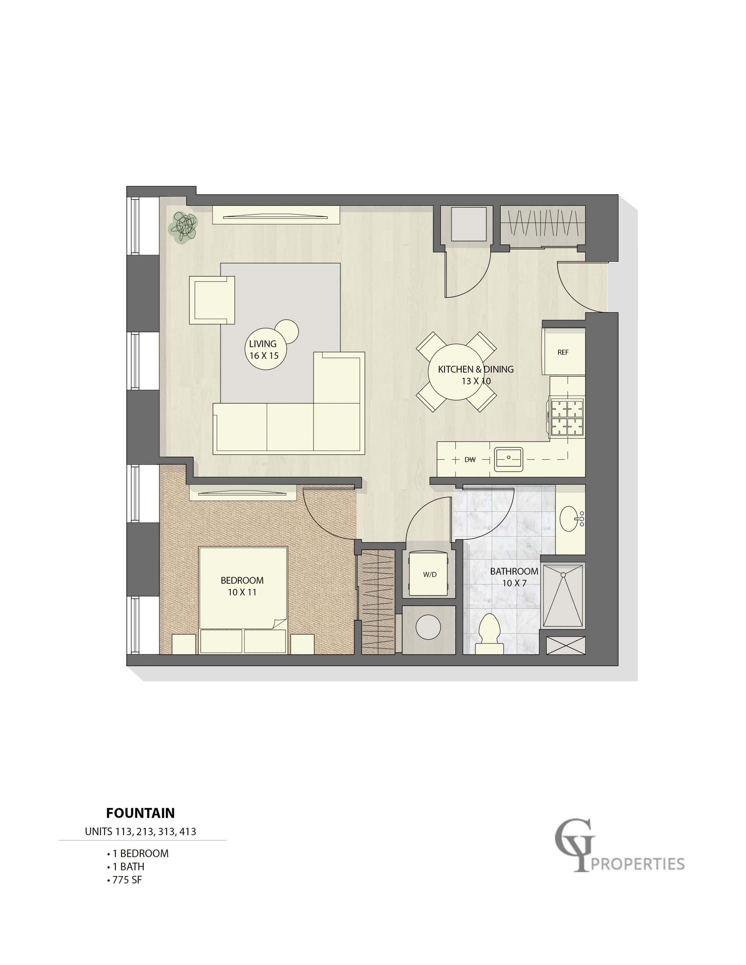 Chic floor plan showcasing 1 bedroom, 1 bathroom, open-concept living and kitchen area, 775 sq ft.