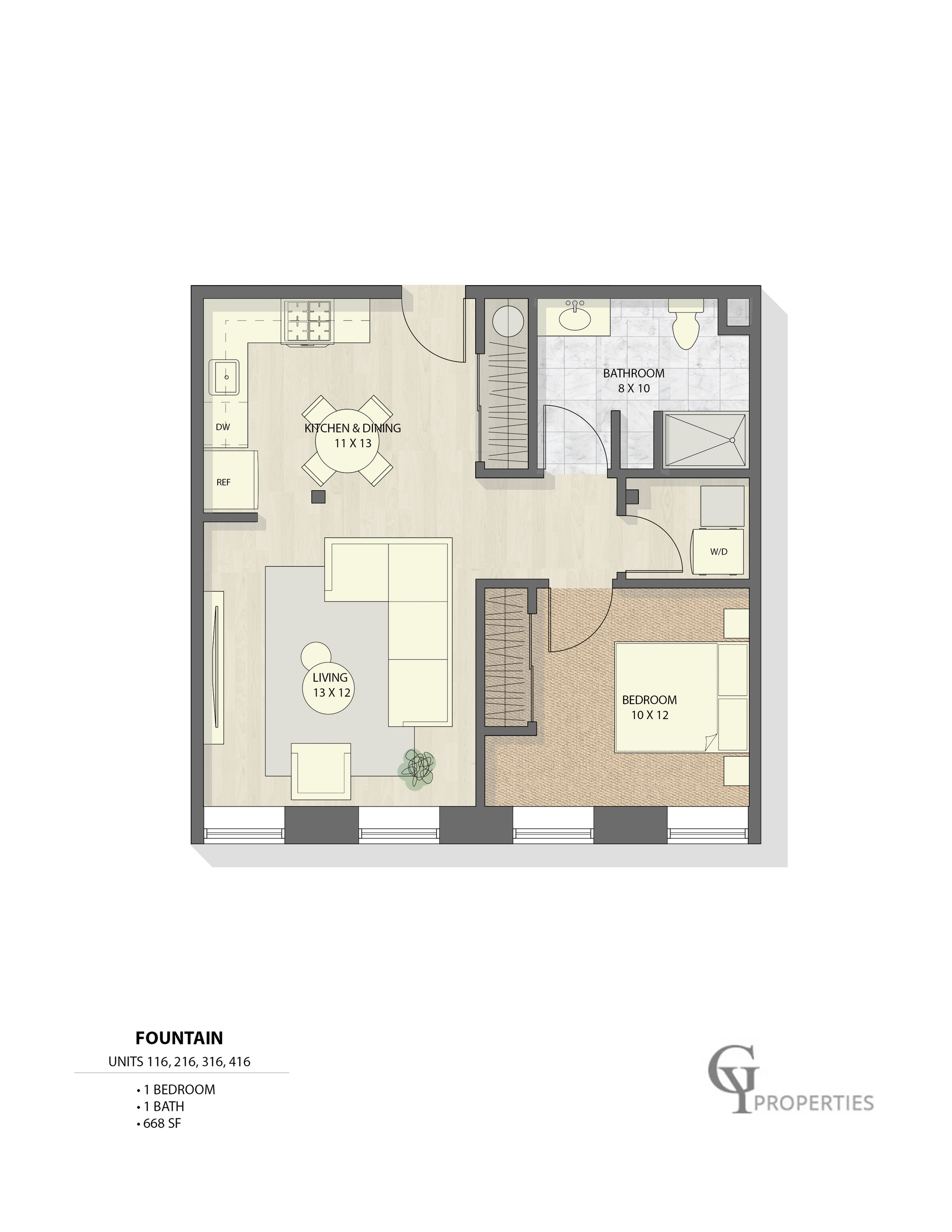 1-bedroom floor plan with open kitchen, dining area, and cozy living room in the Fountain units.