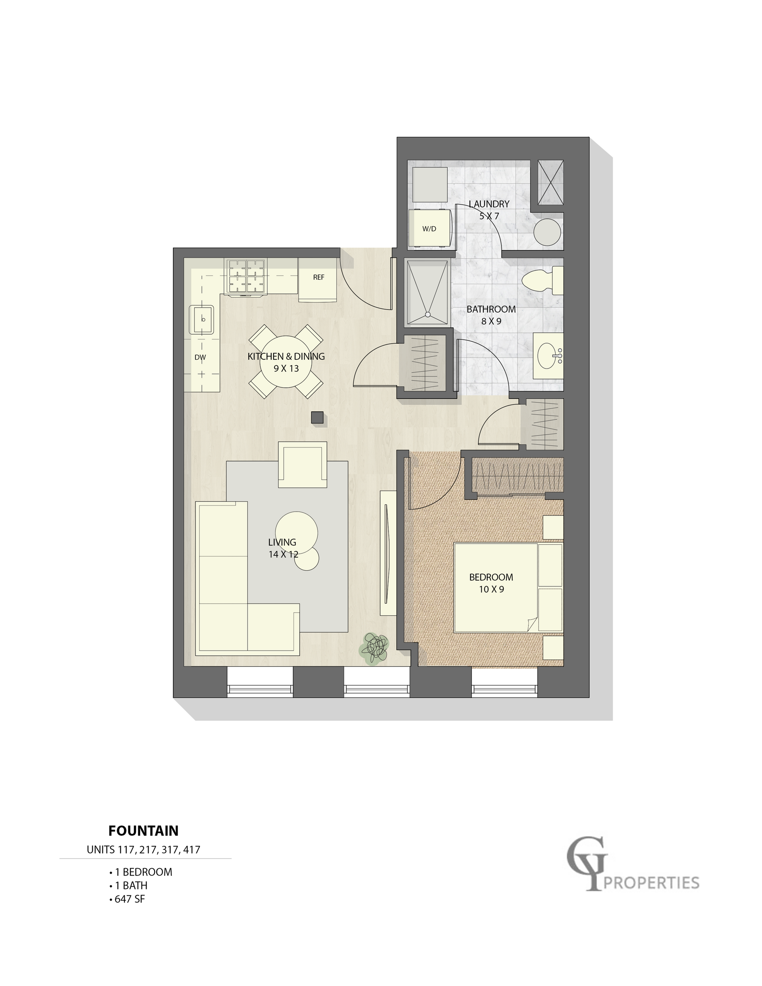 Sleek 1-bedroom floor plan featuring an open kitchen, cozy living area, and modern bathroom.