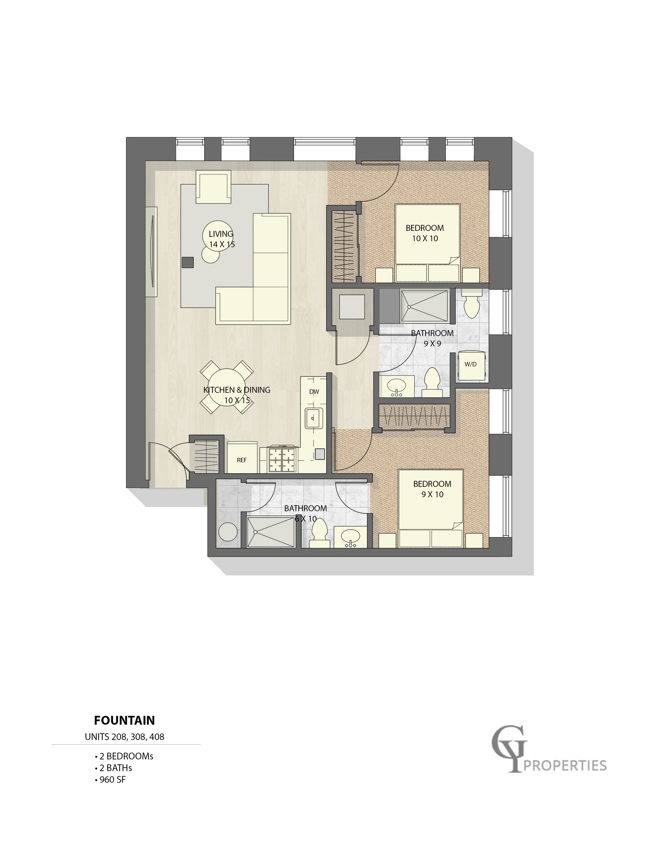 Fountain floor plan highlighting 2 bedrooms, 2 bathrooms, and an open kitchen-living area, 960 sq ft.