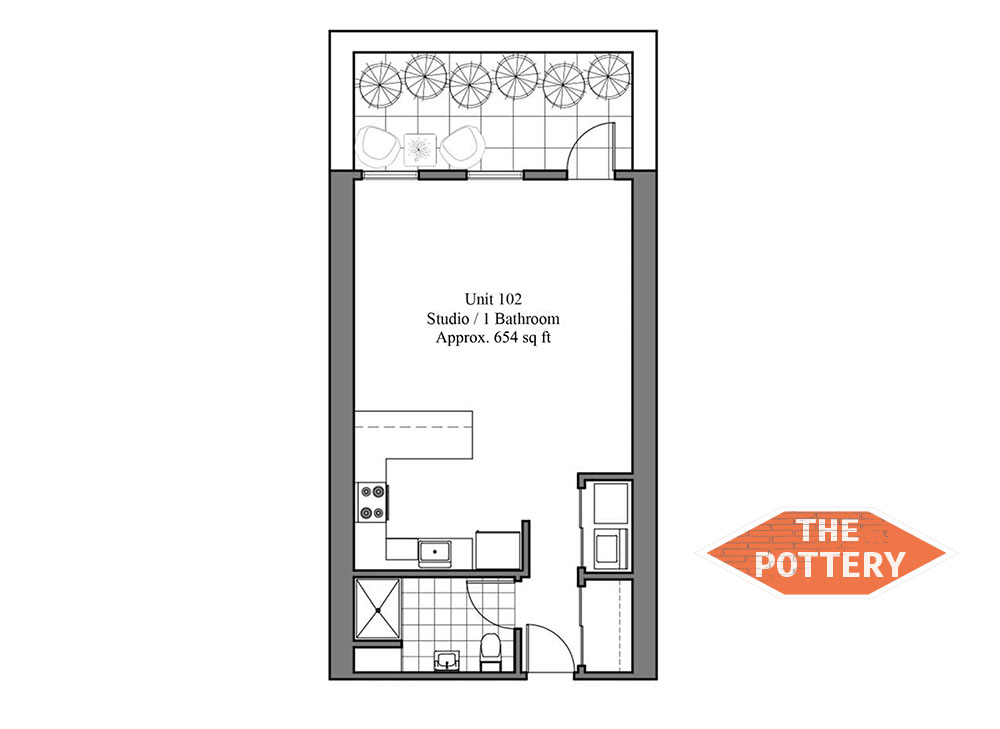 Charming studio apartment floor plan with an open living space, kitchen, and bathroom, approximately 654 sq ft.