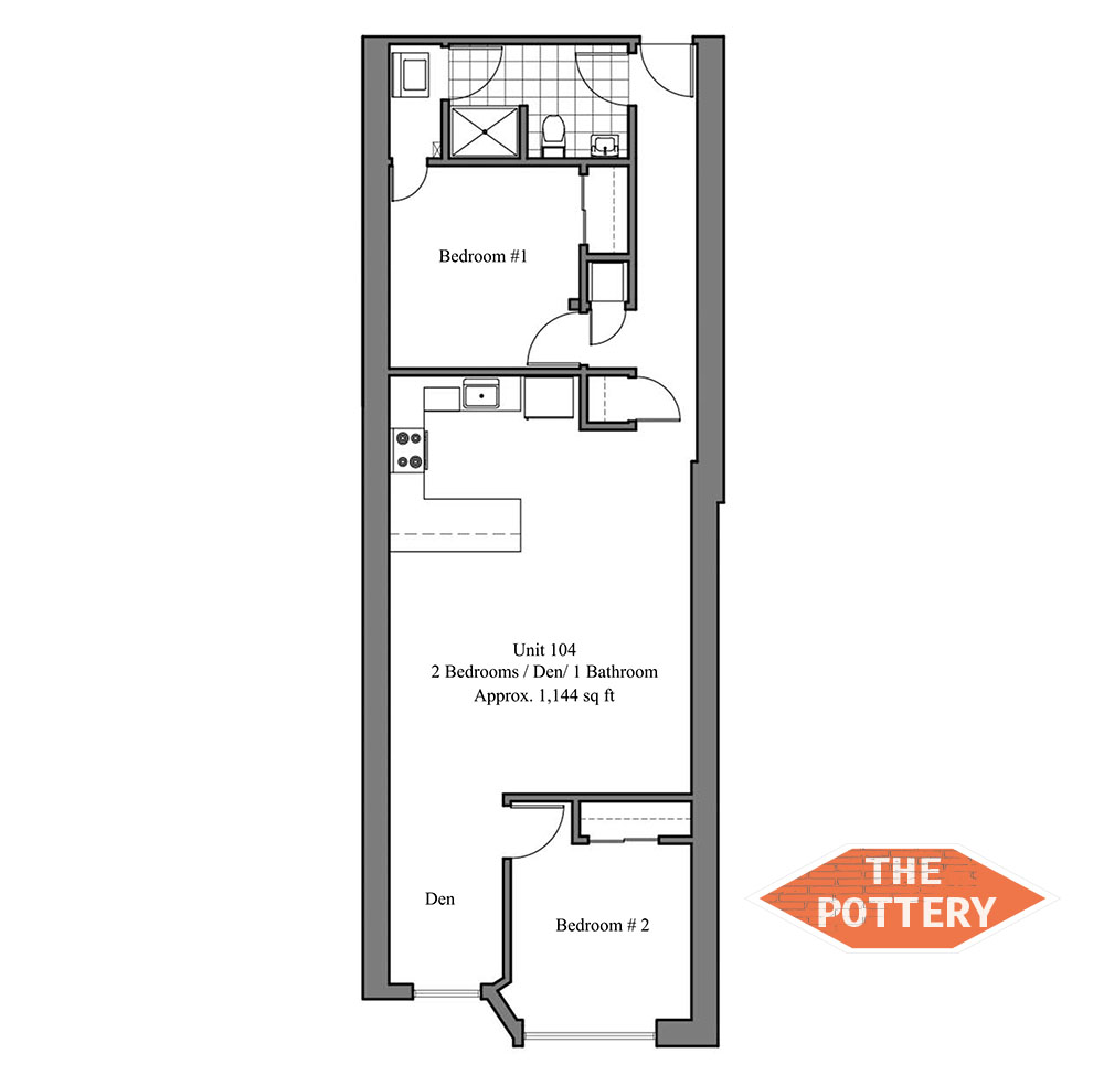 Innovative floor plan for Unit 104 featuring 2 bedrooms, a den, and 1 bathroom at The Pottery.