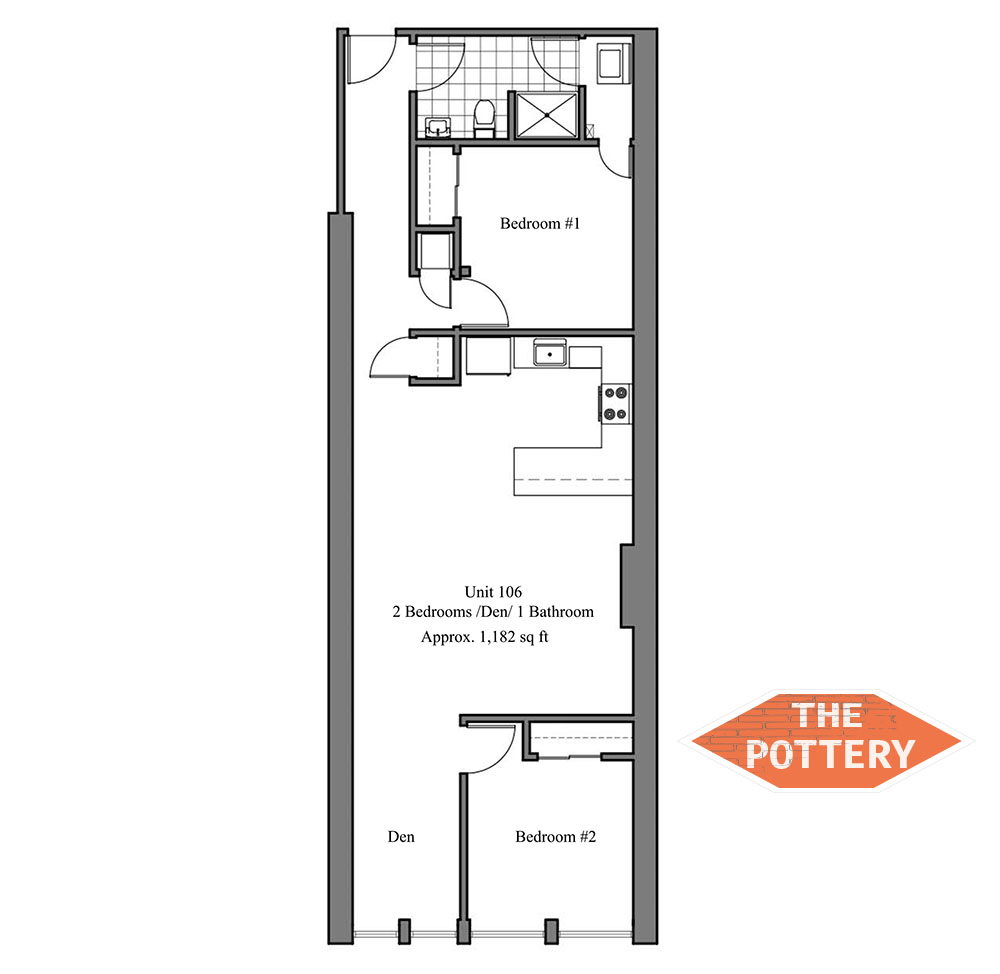 Floor plan of Unit 106 featuring 2 bedrooms, a den, and 1 bathroom, approximately 1,182 sq ft.
