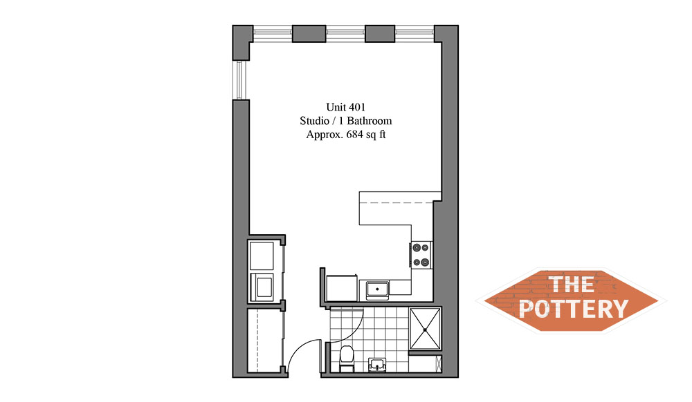 Contemporary studio floor plan featuring an open layout with a bathroom and kitchen, approximately 684 sq ft.
