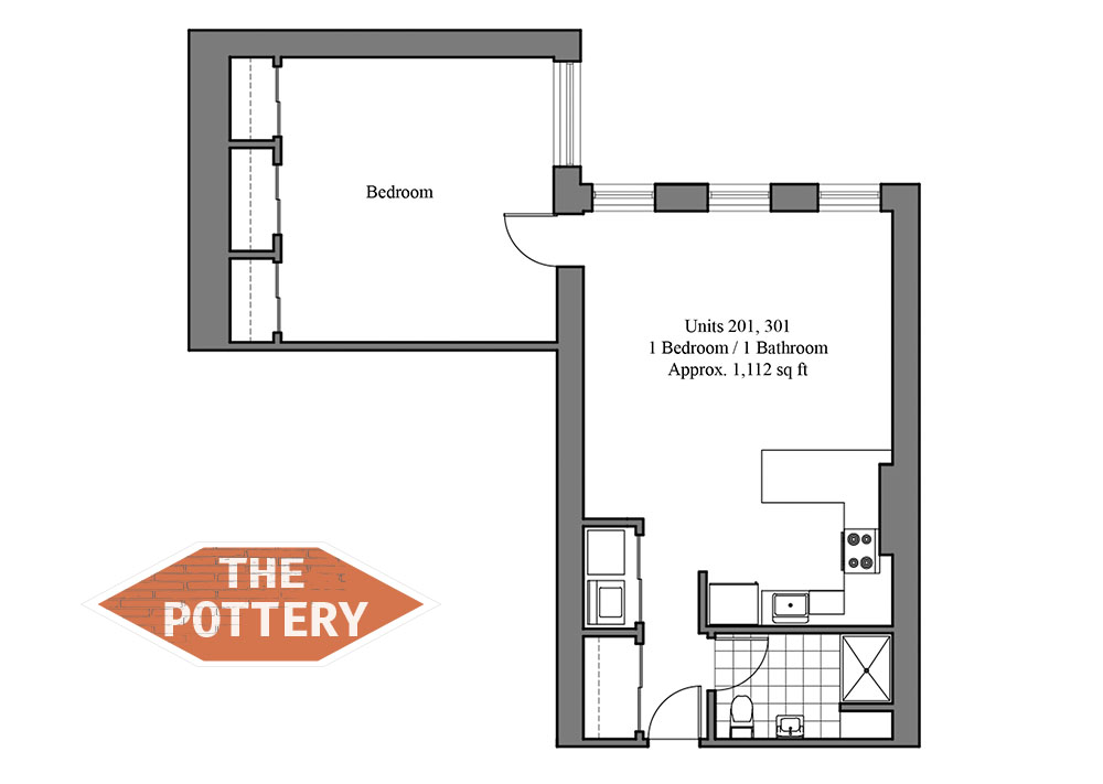 The Pottery 2D floor plan with 1 bedroom, 1 bathroom, and a modern kitchen layout, approximately 1,112 sq ft.