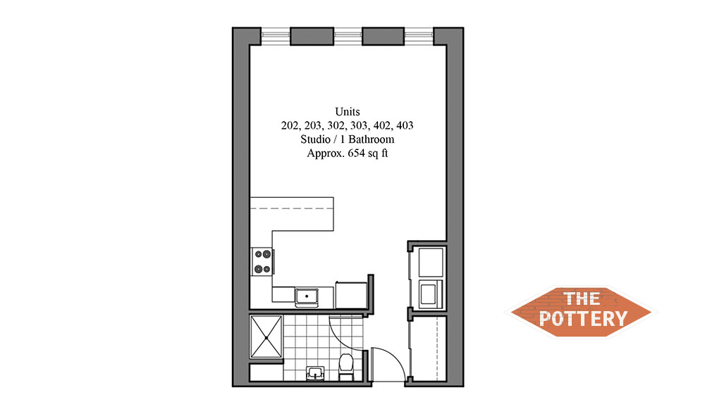 Detailed floor plan of The Pottery Studio with a spacious layout including a kitchen and bathroom.