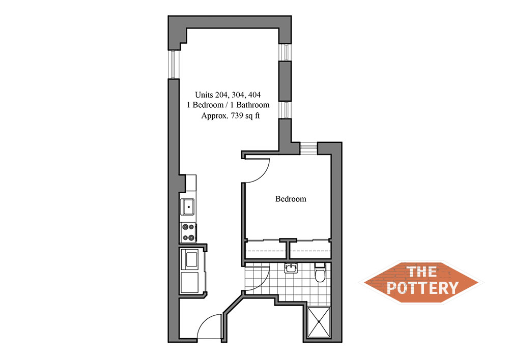 Efficient 2D floor plan for The Pottery featuring 1 bedroom, 1 bathroom, and a streamlined kitchen layout.