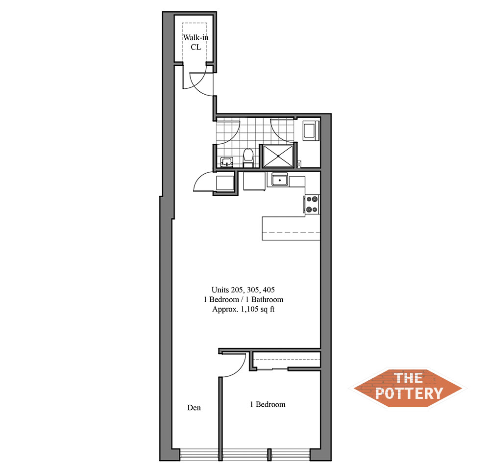 The Pottery floor plan with 1 bedroom, 1 bathroom, and a den, approximately 1,105 sq ft.