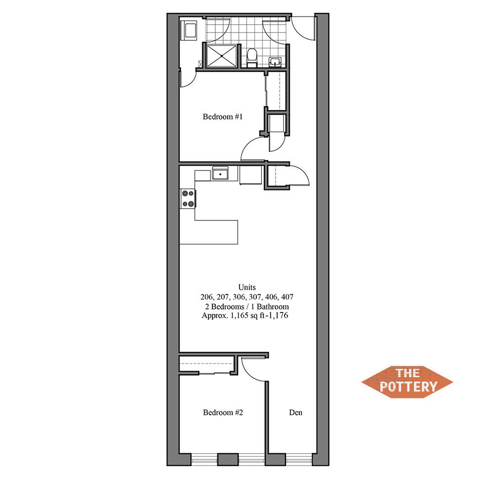 Contemporary floor plan with 2 bedrooms, den, and a well-equipped kitchen at The Pottery.