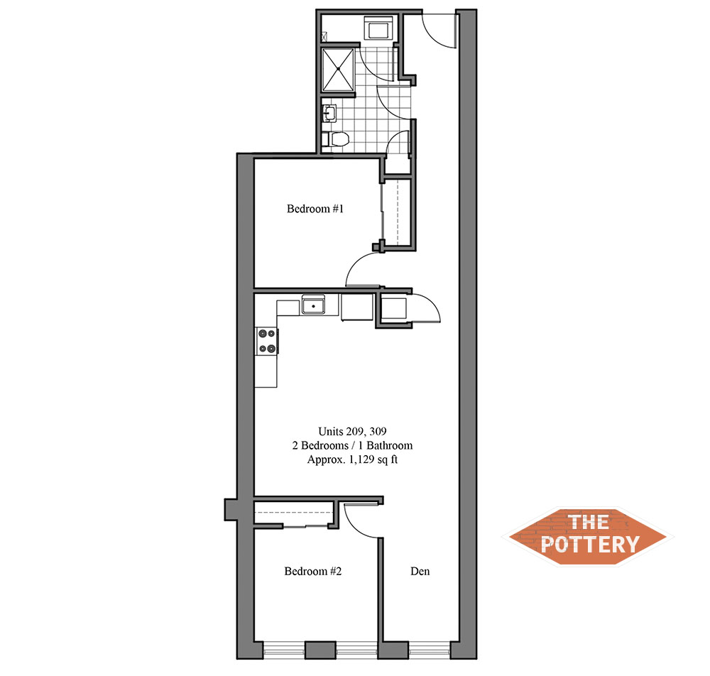 Elegant floor plan for units 209 and 309 featuring 2 bedrooms, 1 bathroom, a den, and a spacious kitchen.