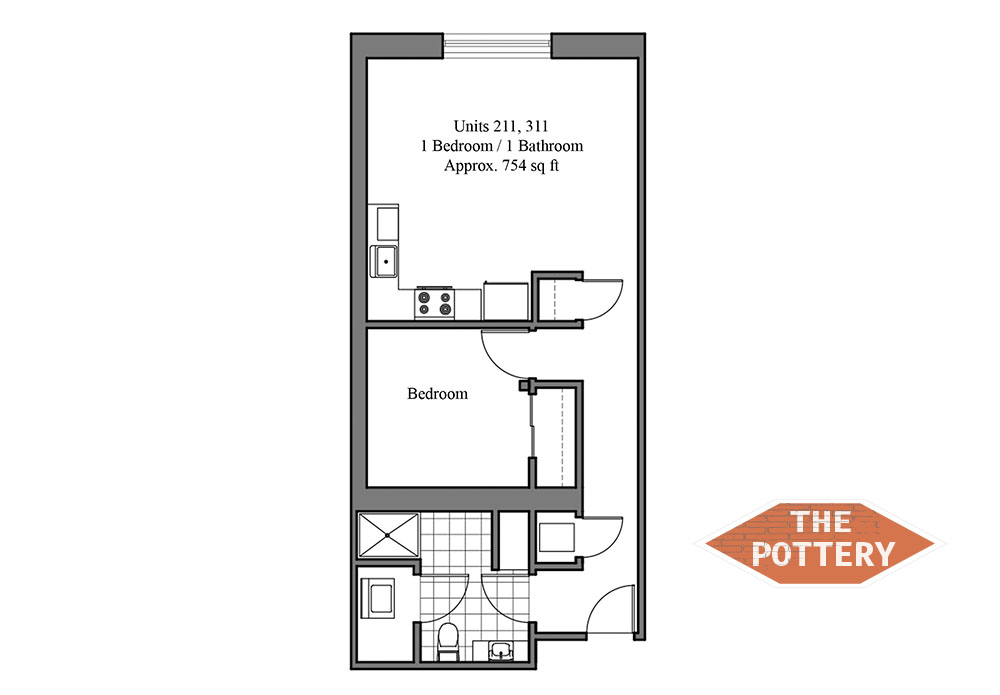 Elegant floor plan of a unit with 1 bedroom and 1 bathroom at The Pottery, approximately 754 sq ft.