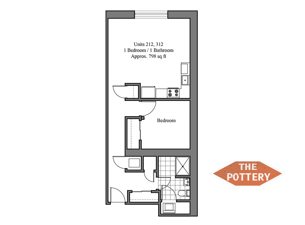 Charming 1-bedroom apartment floor plan with efficient kitchen and bathroom layout at The Pottery, approximately 798 sq ft.