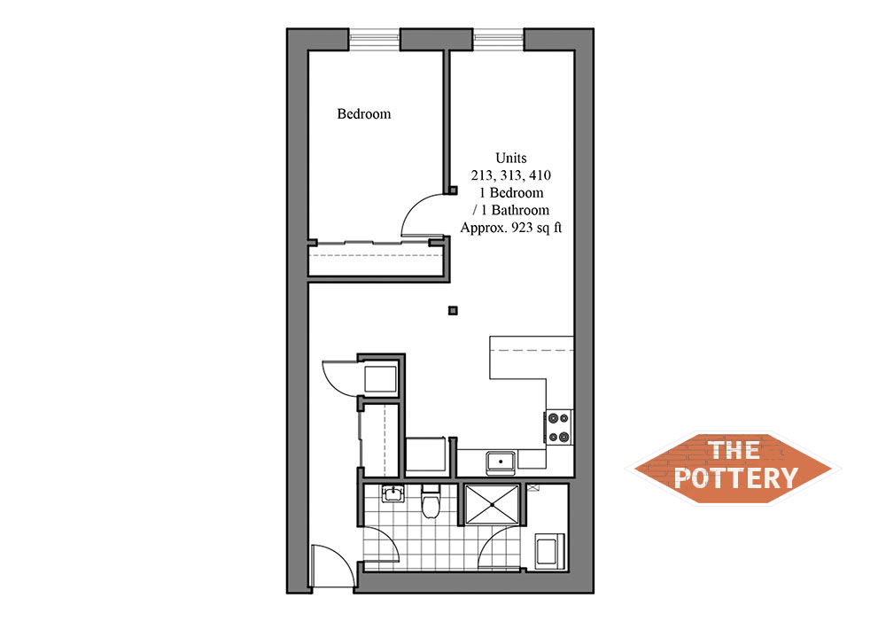 Contemporary 1-bedroom apartment layout with efficient kitchen and bathroom design, approx. 923 sq ft.