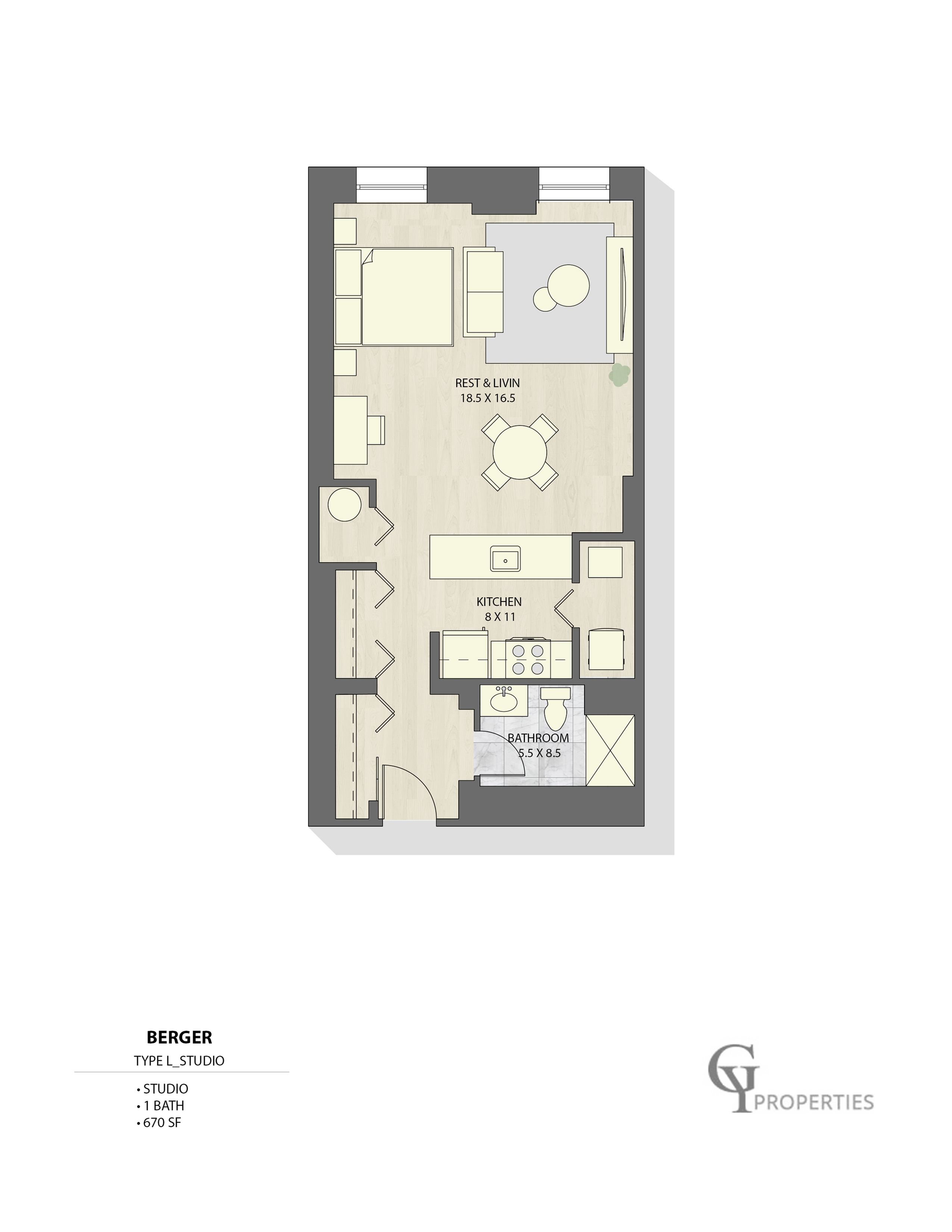 Contemporary studio floor plan featuring a combined living and resting area, modern kitchen, and bathroom in a 670 sq ft space.