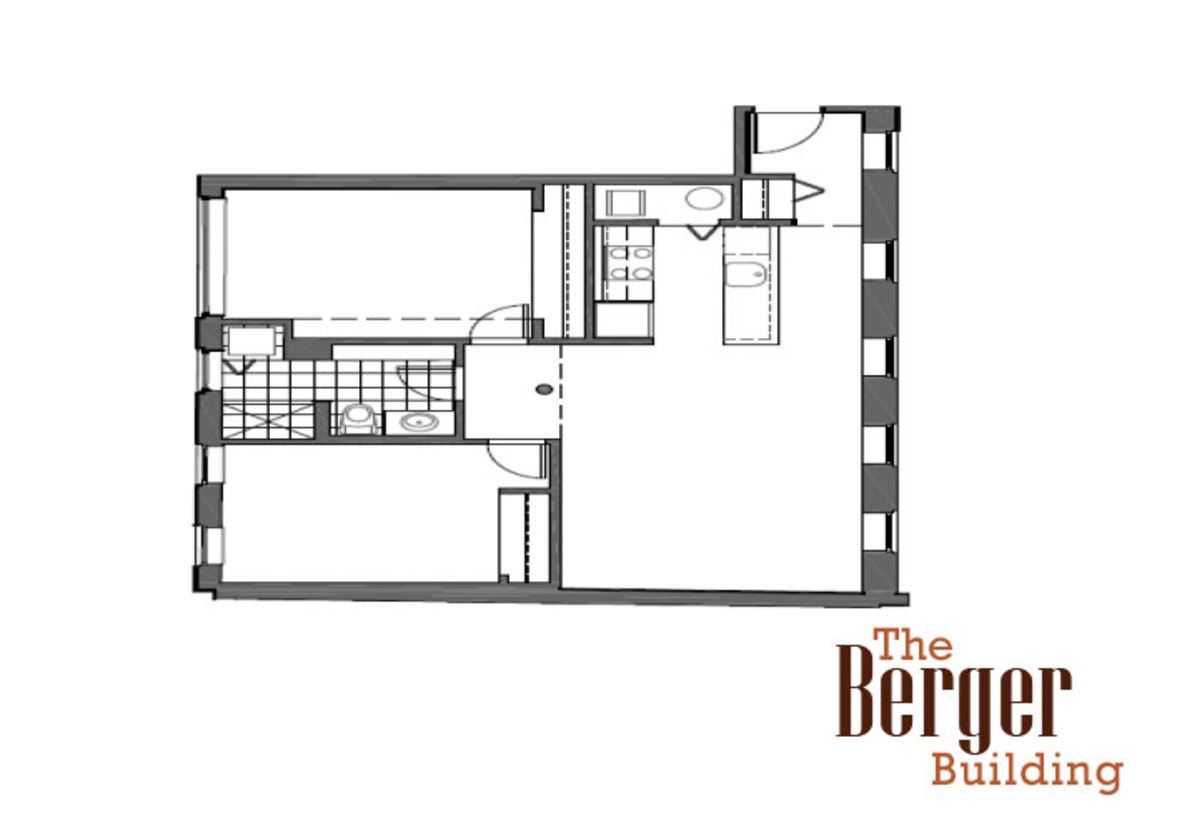 Detailed floor plan of a modern apartment featuring 1 bedroom, an open living area, kitchen, and bathroom.