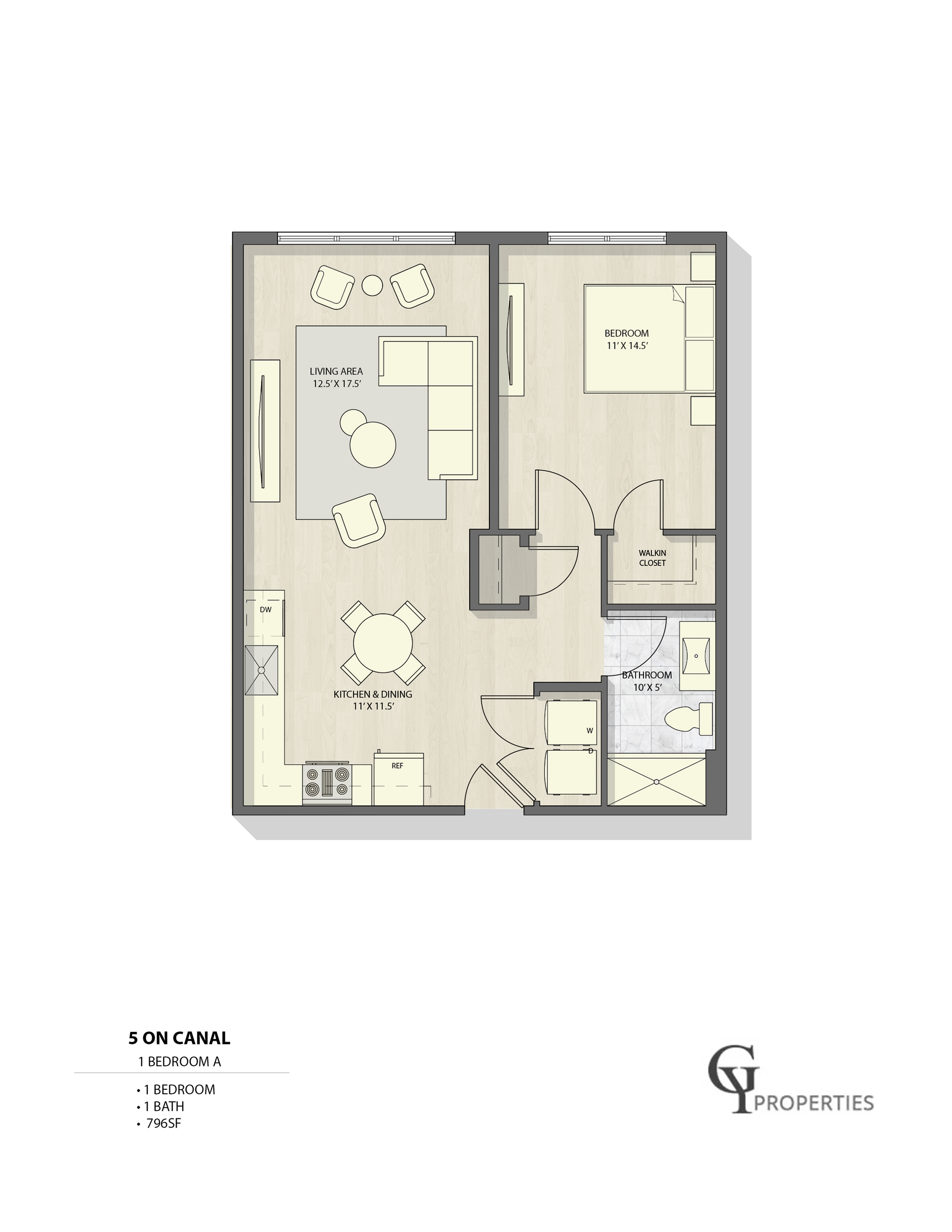 Detailed 2D floor plan featuring 1 bedroom, open kitchen and dining area, and a bathroom for efficient living.