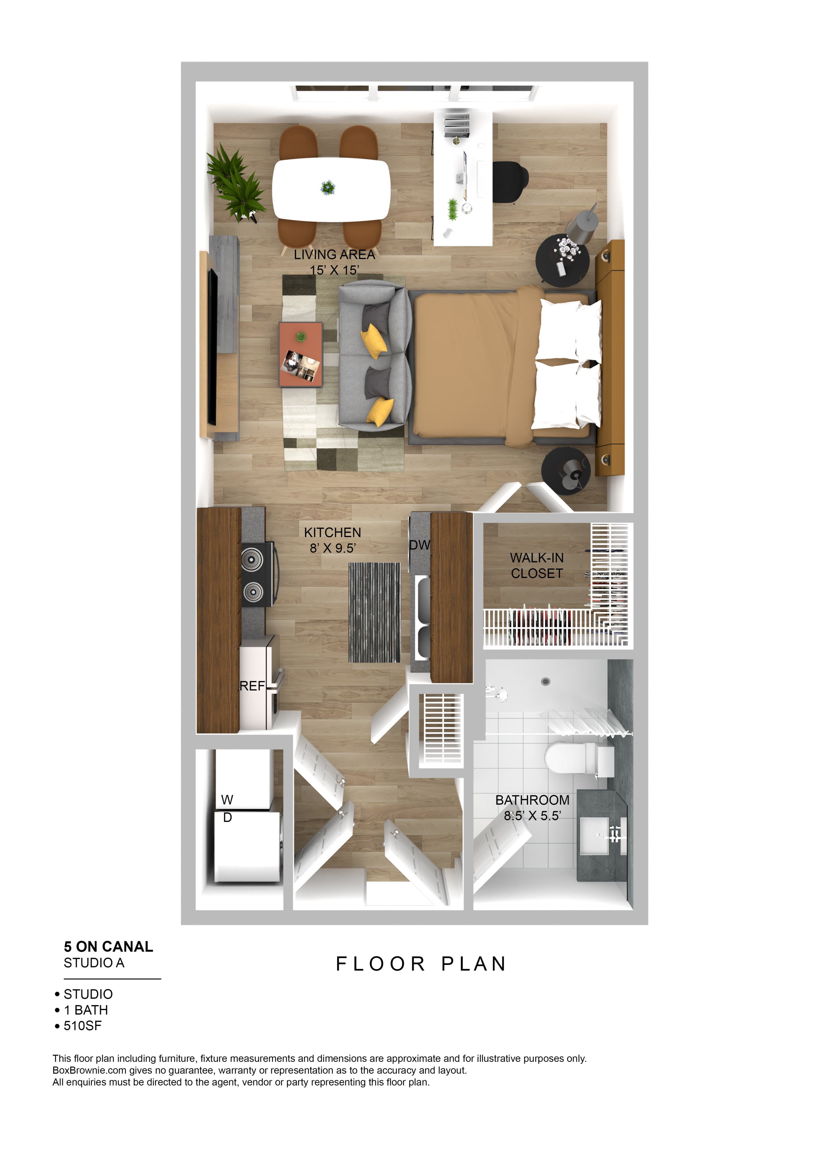 Modern studio apartment floor plan with a spacious living area, kitchen, and bathroom.