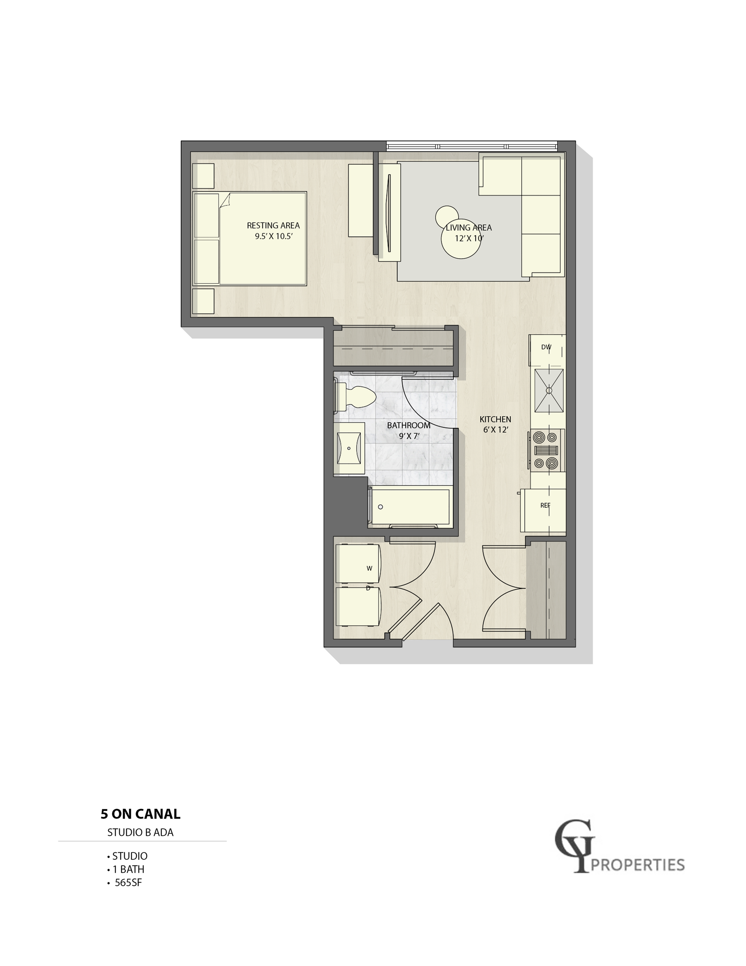 Efficient studio apartment floor plan with resting area, living space, and kitchen.