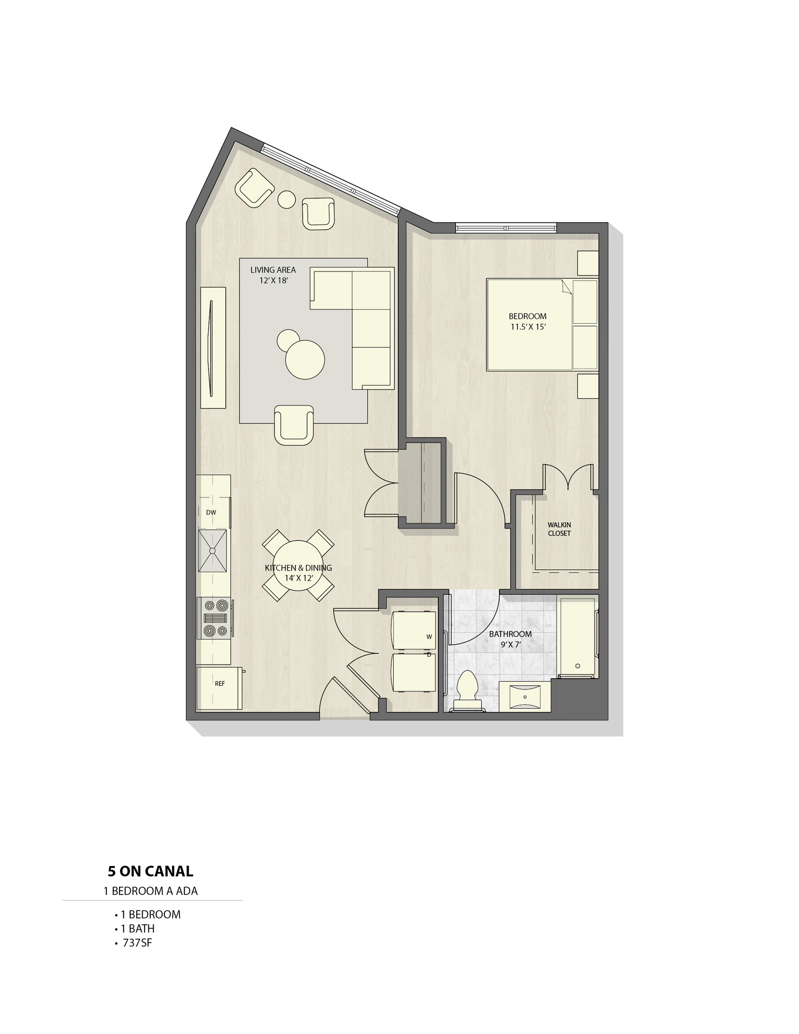 Detailed 2D floor plan showcasing a 1-bedroom, 1-bathroom apartment with open kitchen and dining area.