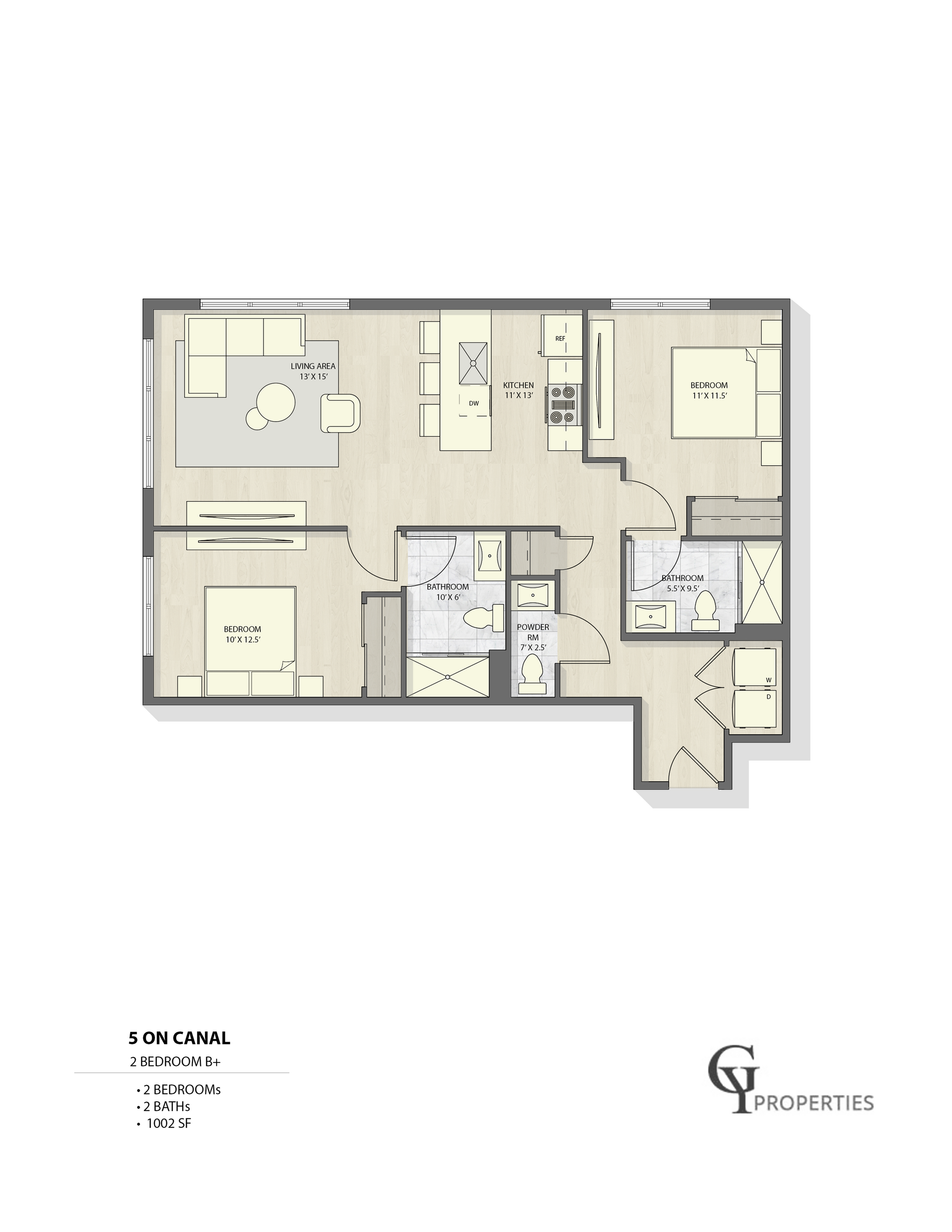 Elegant 2D floor plan showcasing 2 bedrooms and 2 bathrooms with a spacious living area and modern kitchen.