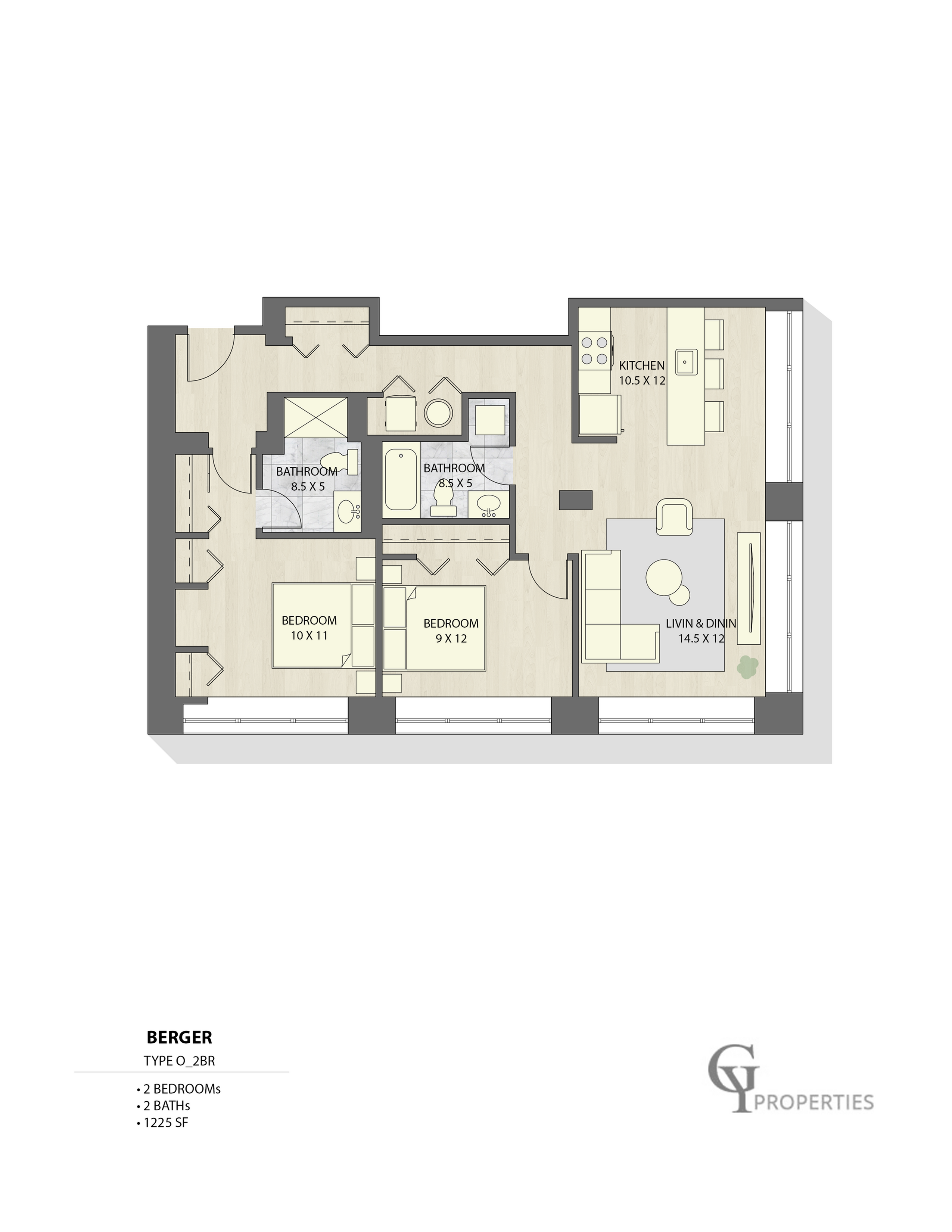 Floor plan of a Berger 2-bedroom, 2-bathroom apartment with kitchen and living dining space, 1225 sq ft.
