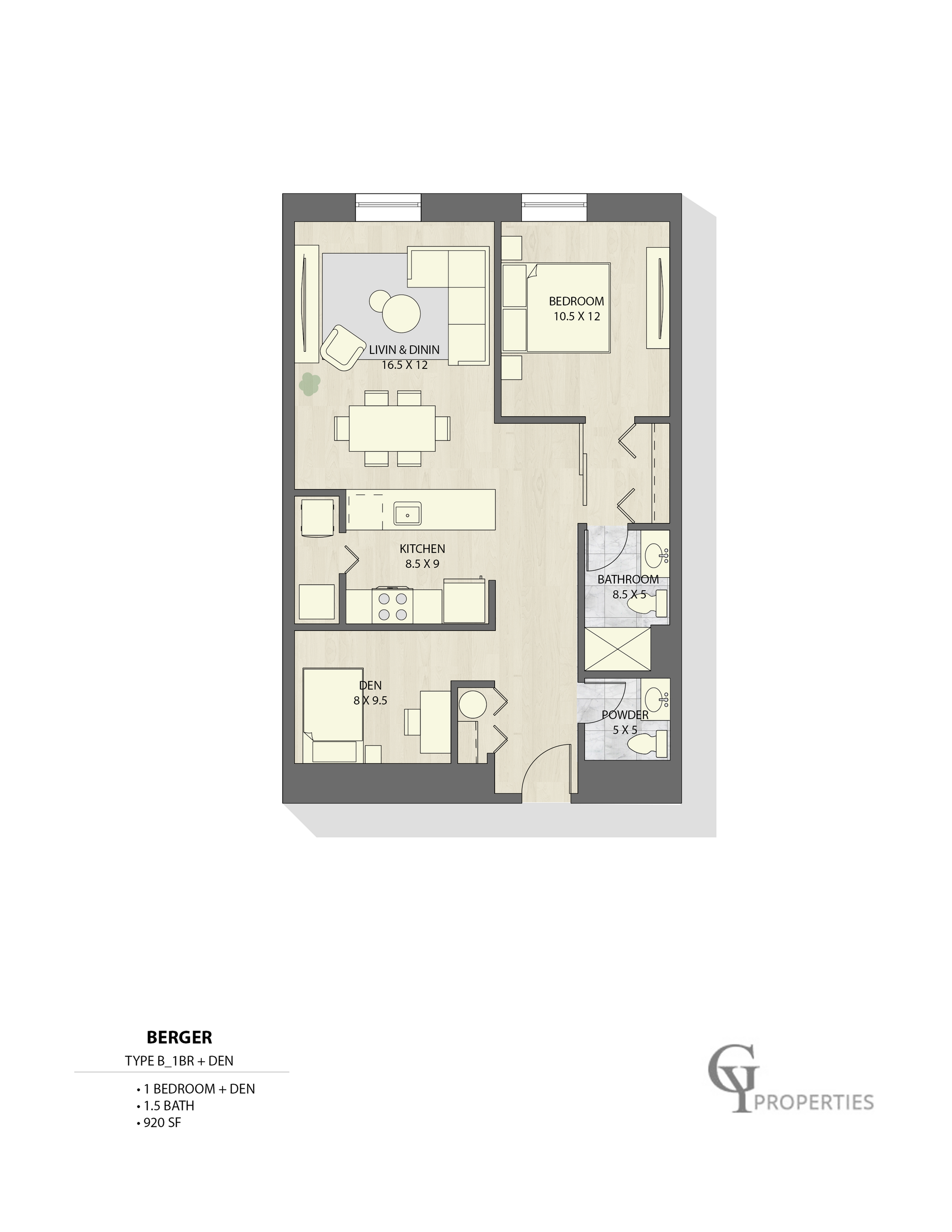 Berger floor plan with 1 bedroom, den, open living and dining area, kitchen, and 1.5 baths.