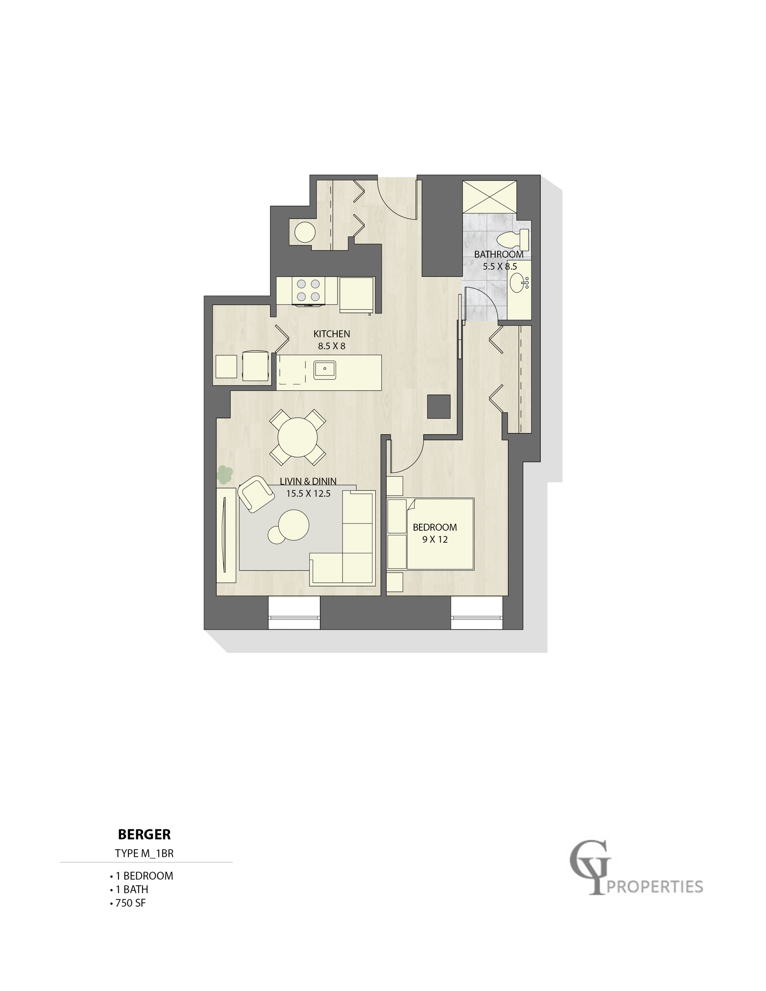 Charming 1-bedroom floor plan featuring a spacious living and dining area, modern kitchen, and well-appointed bathroom.