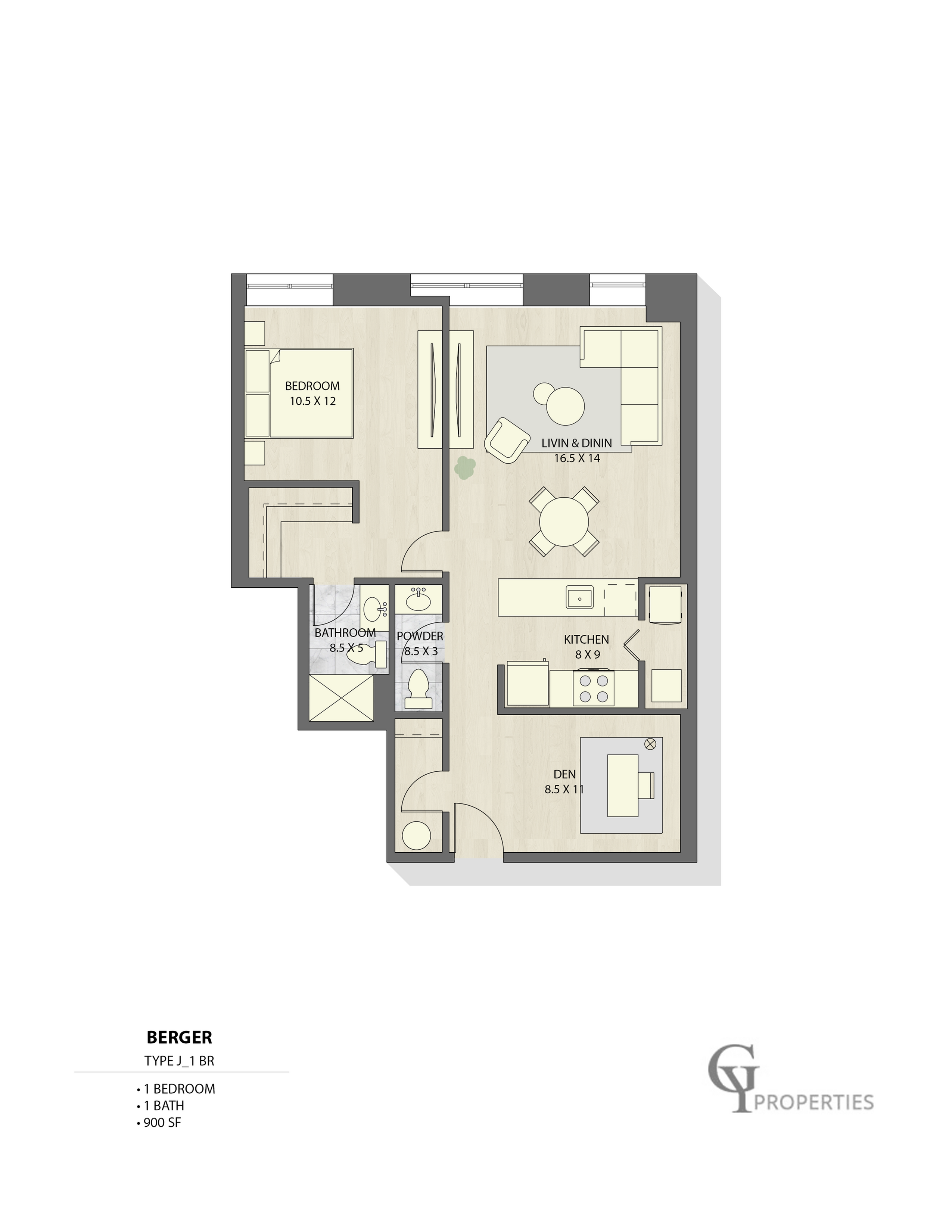 Spacious 1-bedroom floor plan with open living and dining area, modern kitchen, and den.