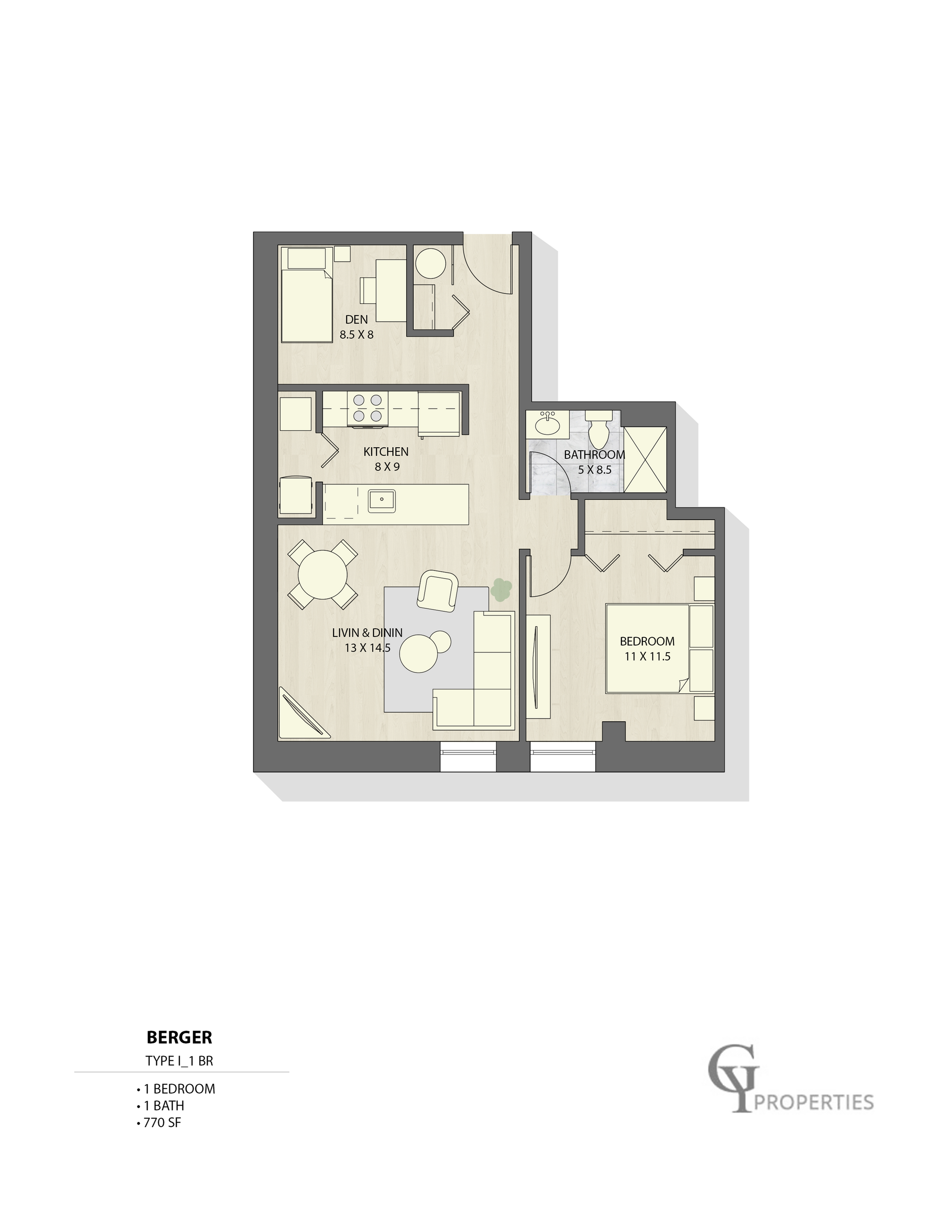Sophisticated 2D floor plan showcasing 1 bedroom, den, kitchen, and open living and dining area.