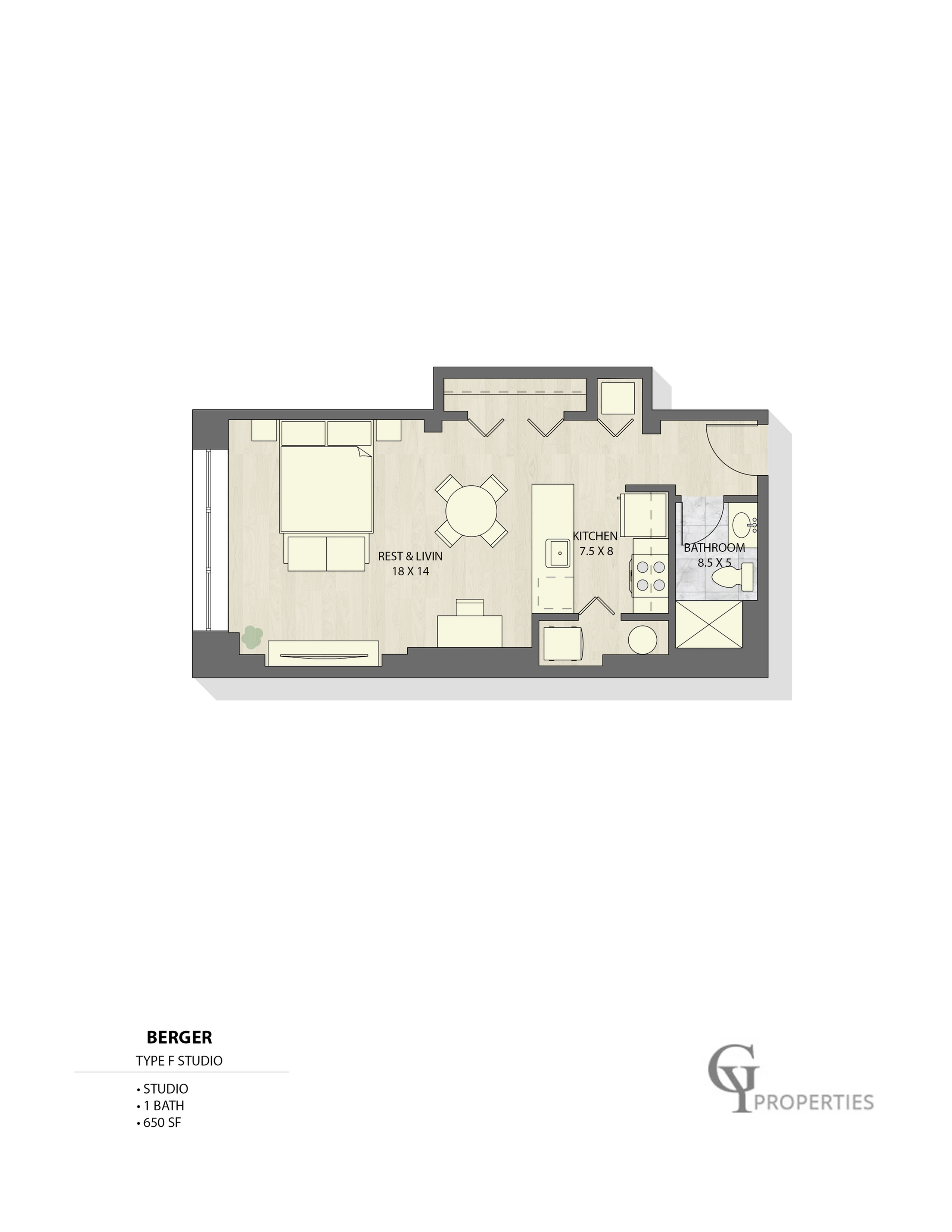 Cozy studio floor plan featuring a rest and living area, a compact kitchen, and bathroom, covering 650 sq ft.