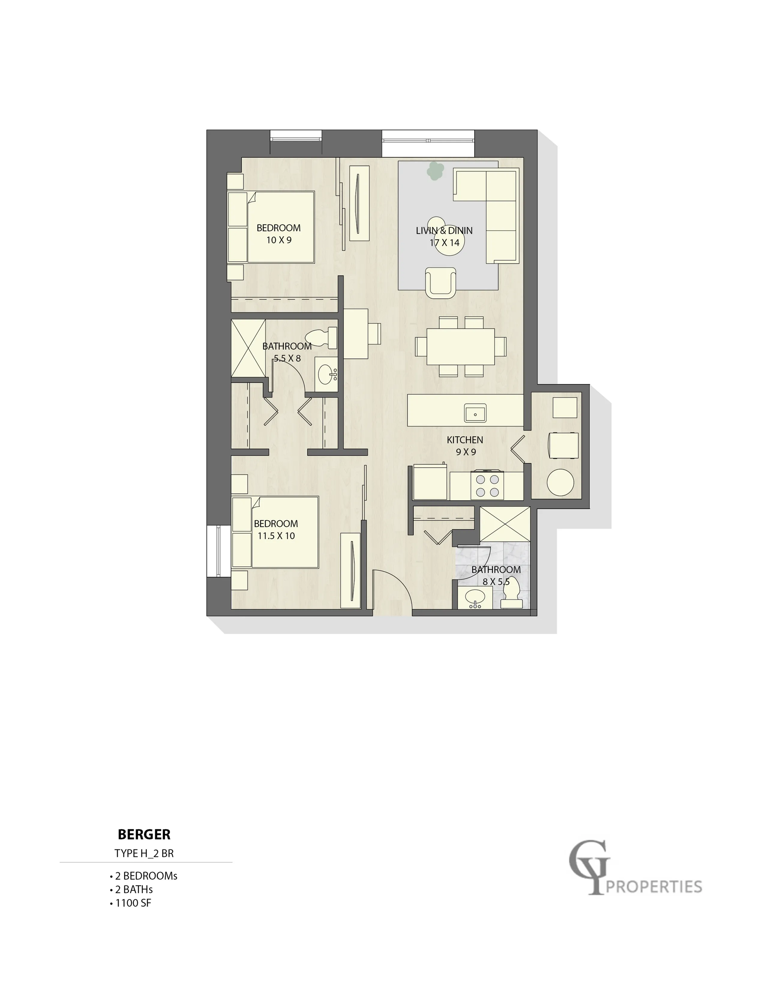 Modern floor plan of the Berger apartment featuring 2 bedrooms, an open living-dining area, and a spacious kitchen.