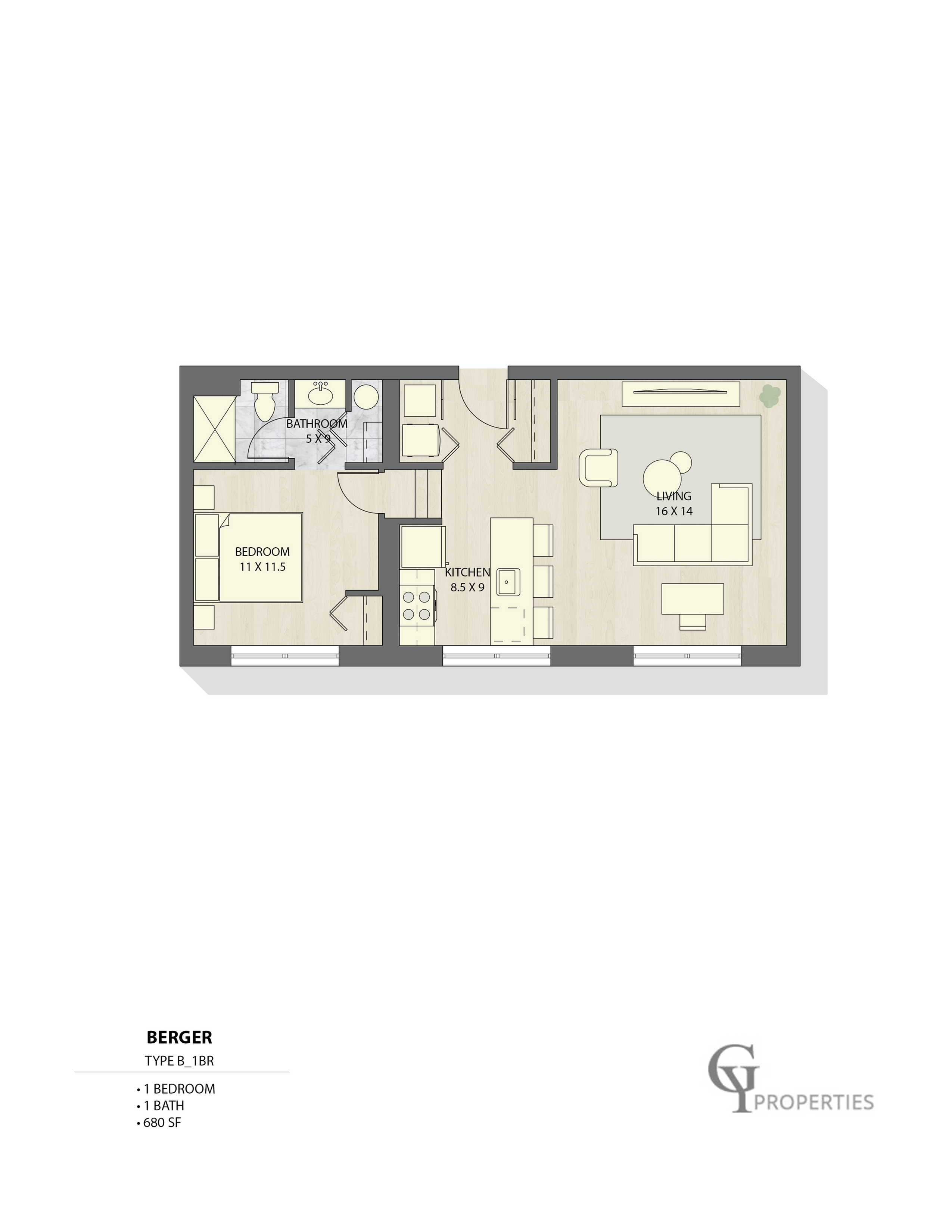 Floor plan of Berger Type B, featuring 1 bedroom, 1 bath, with a spacious living room and kitchen, 680 sq ft.