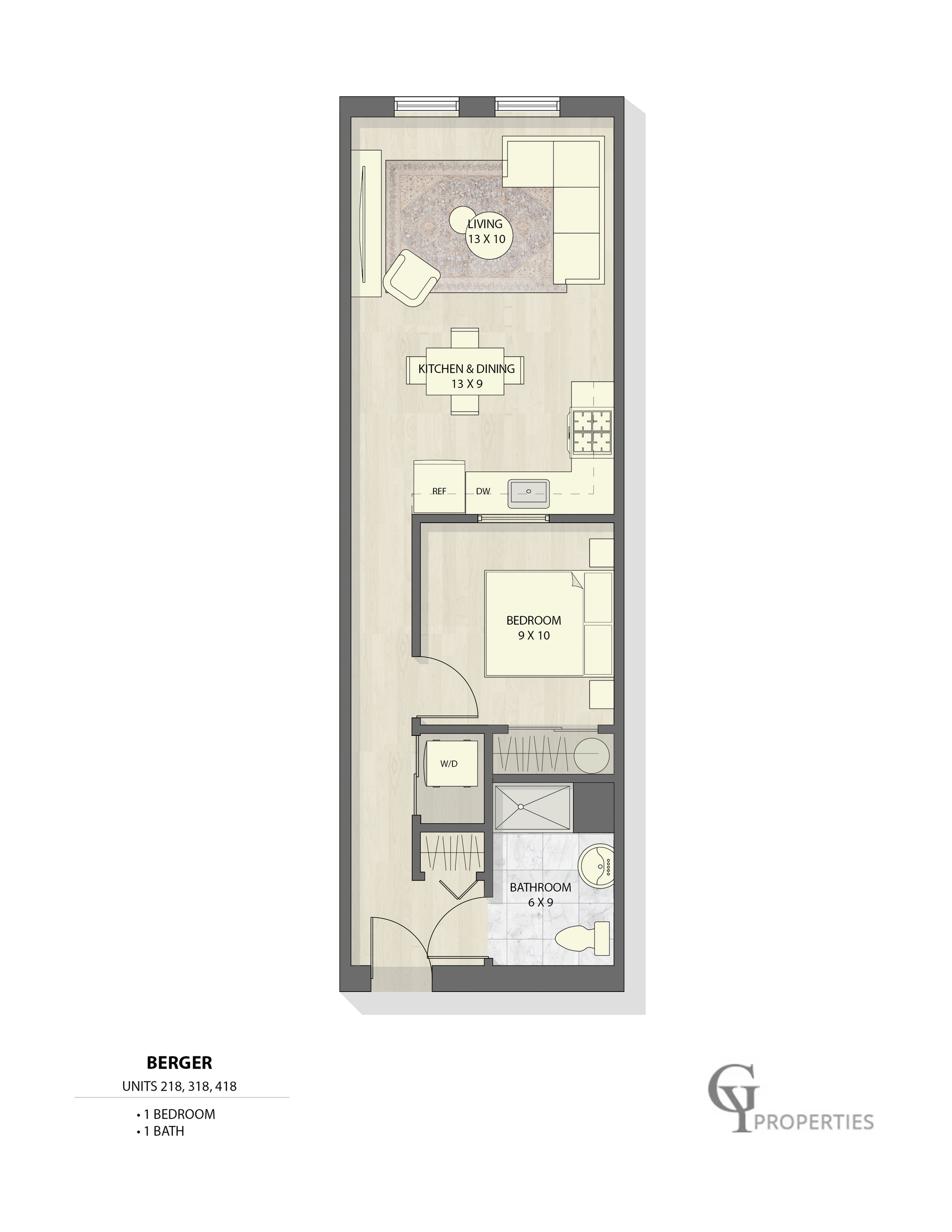 Efficient floor plan of a one-bedroom apartment featuring a combined kitchen and living area, and bathroom.
