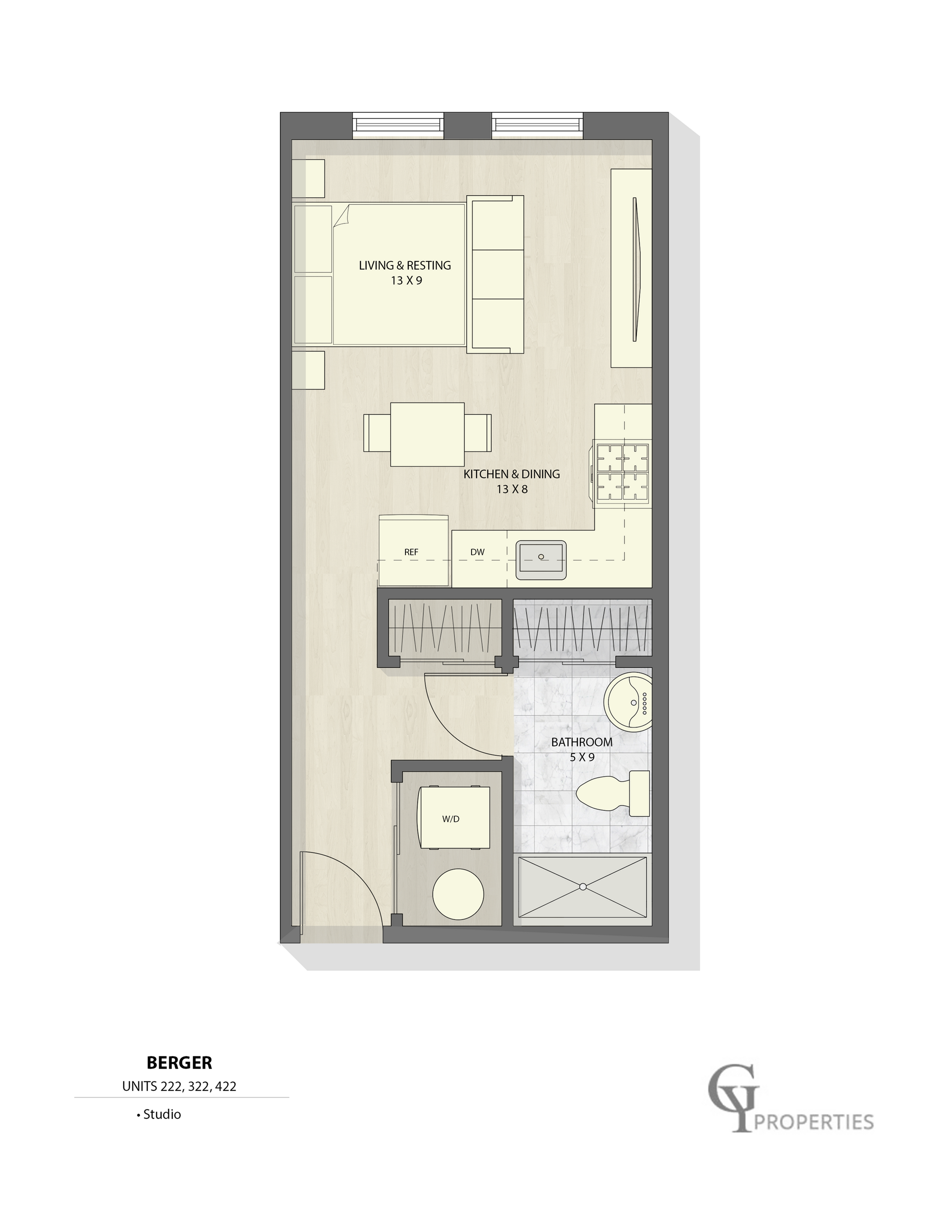 Elegant studio floor plan showcasing an integrated living and dining area with modern kitchen amenities.