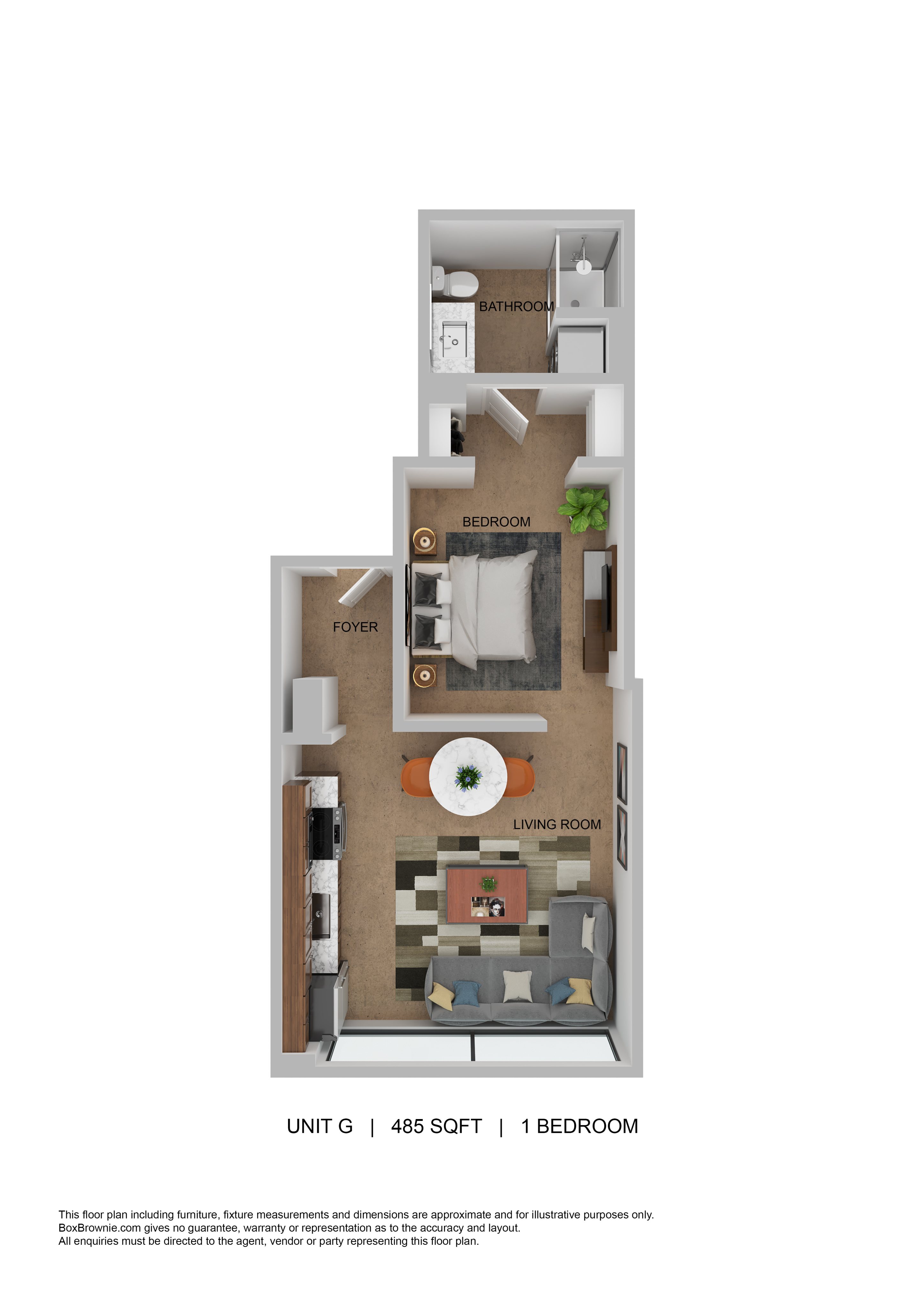 Contemporary 3D floor plan of a cozy 1-bedroom apartment with a modern living room and kitchen.