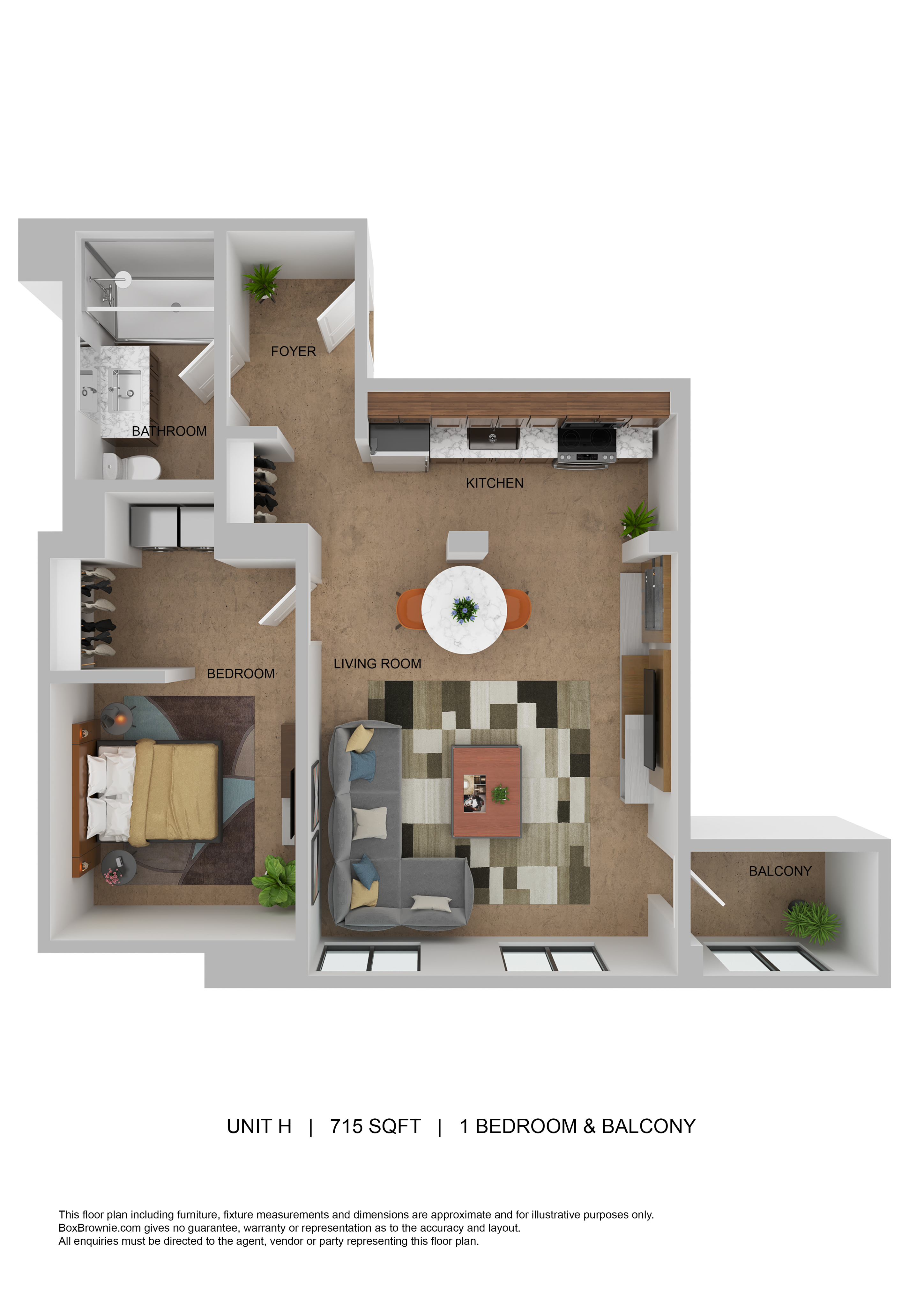Modern 3D floor plan featuring 1 bedroom, a stylish living room, kitchen, bathroom, and balcony in 715 sq ft.