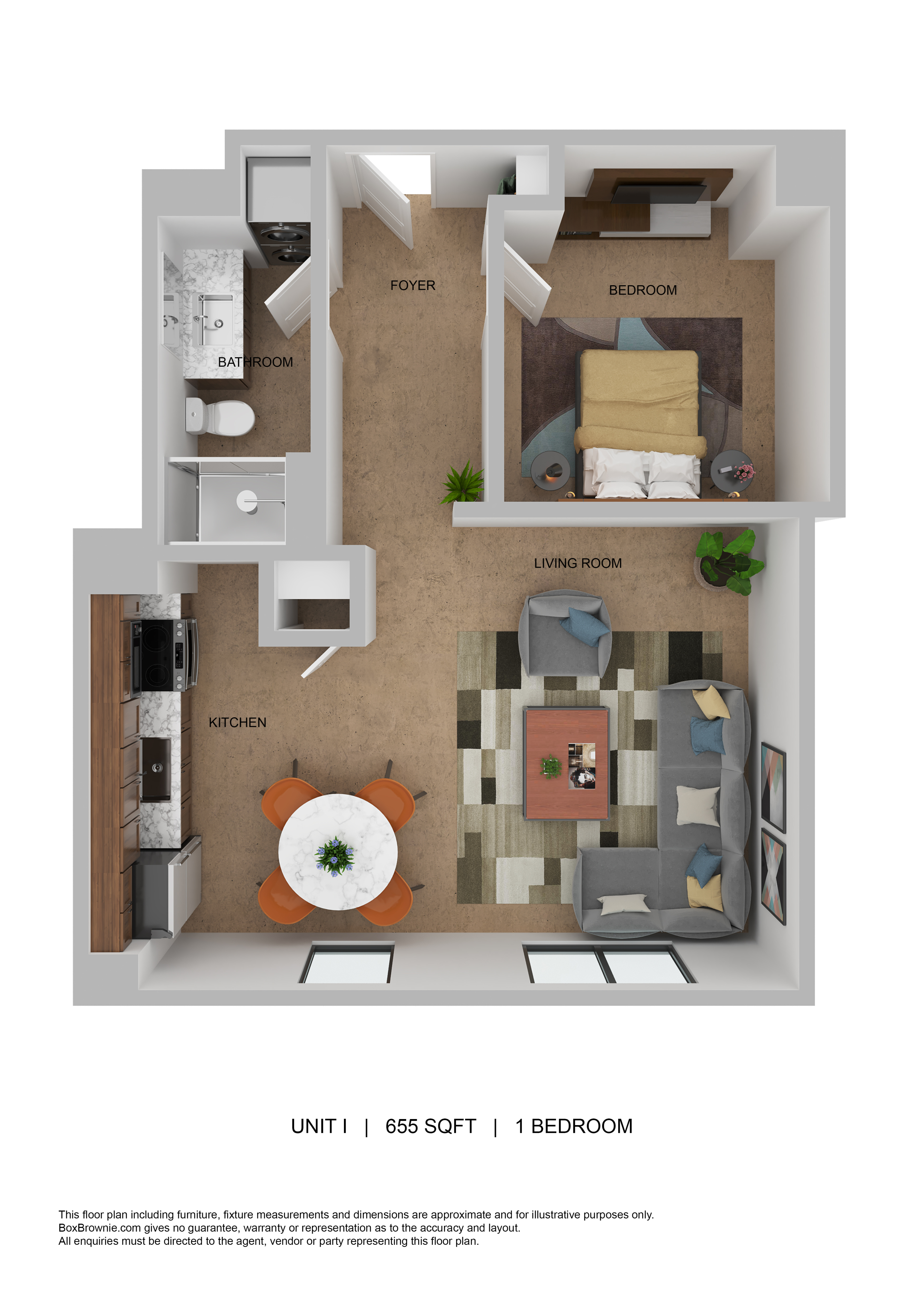 Modern 3D floor plan showcasing 1 bedroom, a chic kitchen, and an inviting living room area.