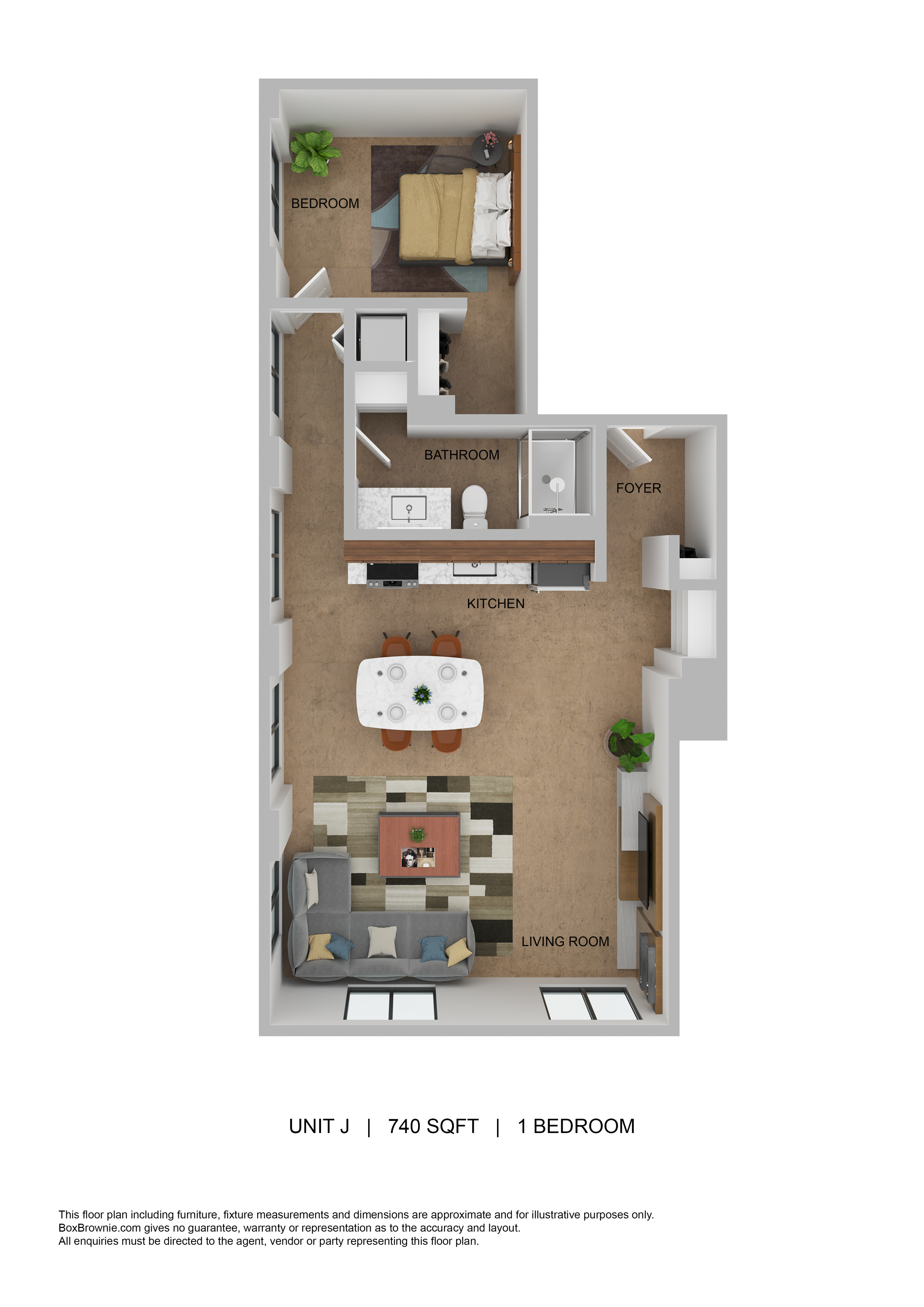 Modern floor plan of Unit J featuring a spacious 1-bedroom, open living area, and kitchen in 740 sqft.