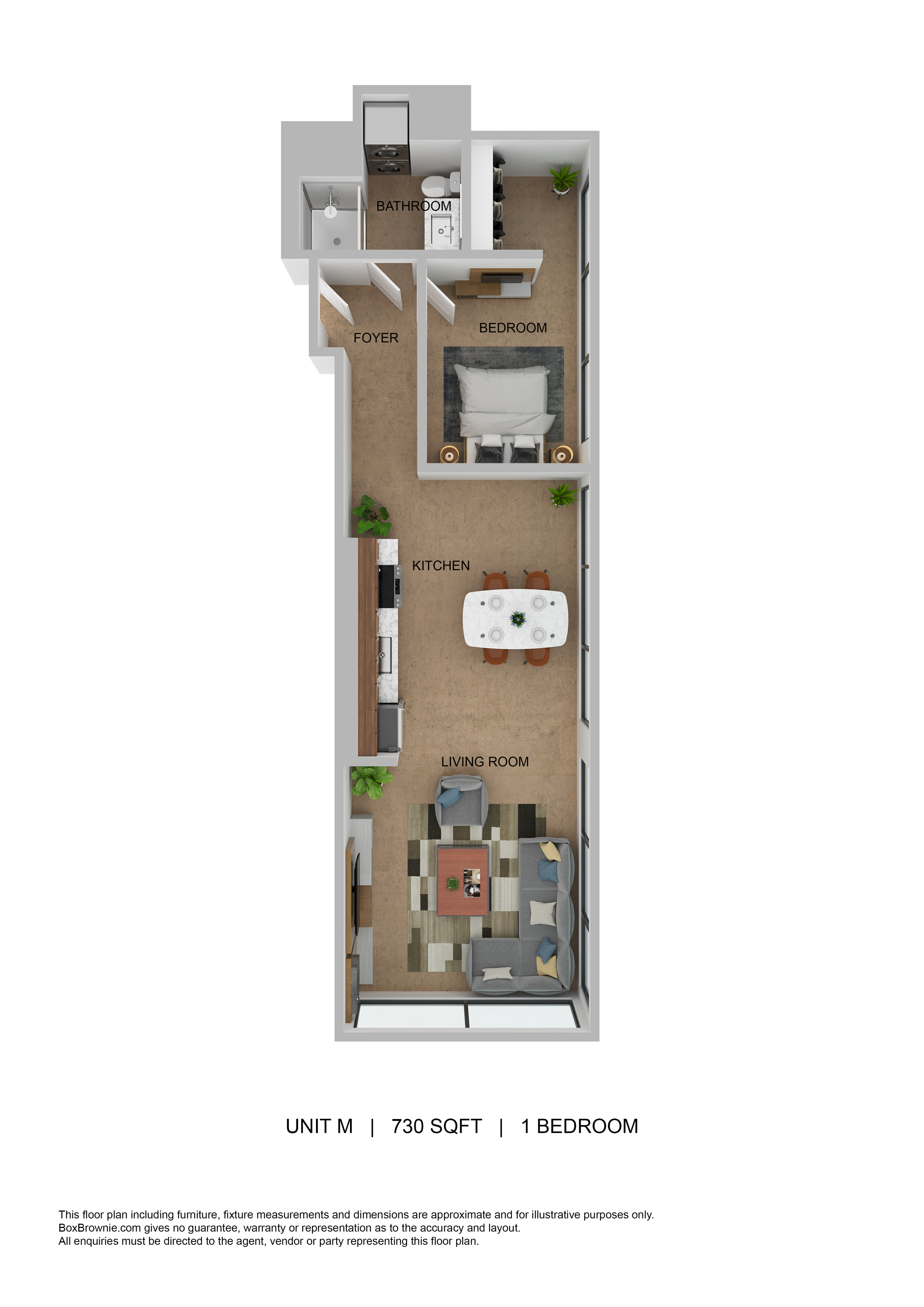 Contemporary floor plan of a 1-bedroom unit with an open kitchen and spacious living area.