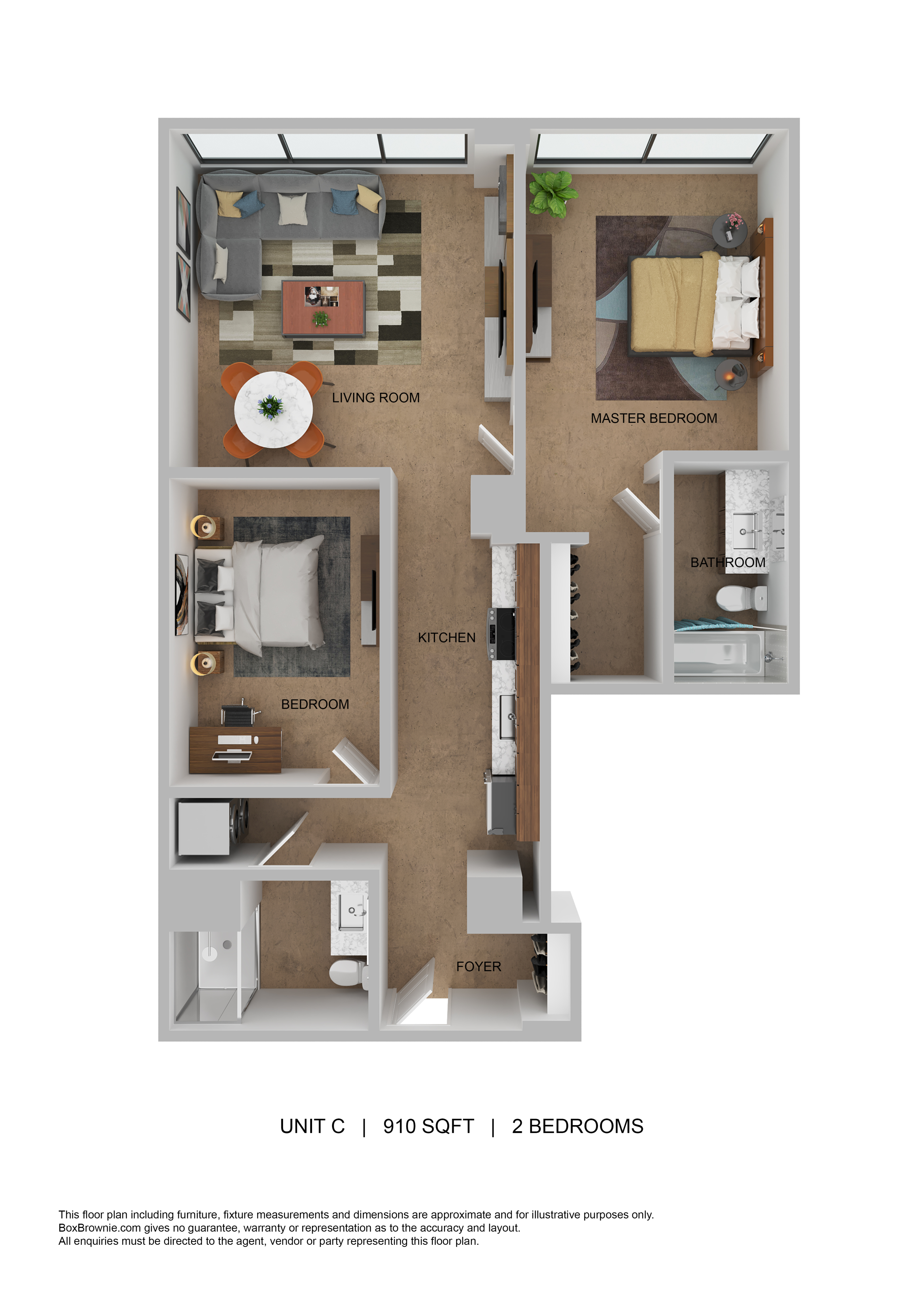 Contemporary 3D floor plan featuring 2 bedrooms, a spacious living room, and an open kitchen in a 910 sqft unit.