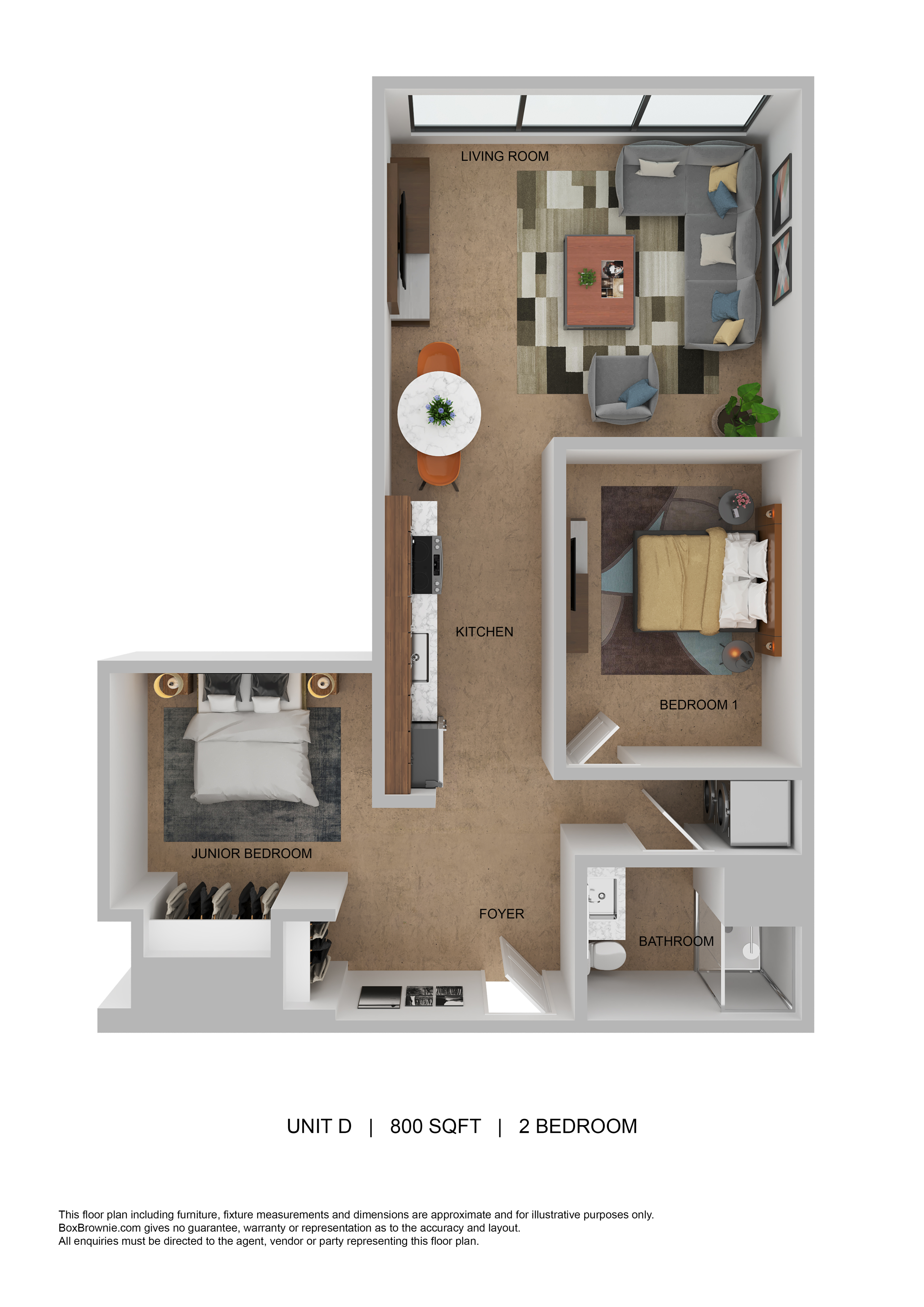 2D floor plan of a modern 800 sq ft apartment featuring 2 bedrooms, a cozy living room, a kitchen, and a bathroom.