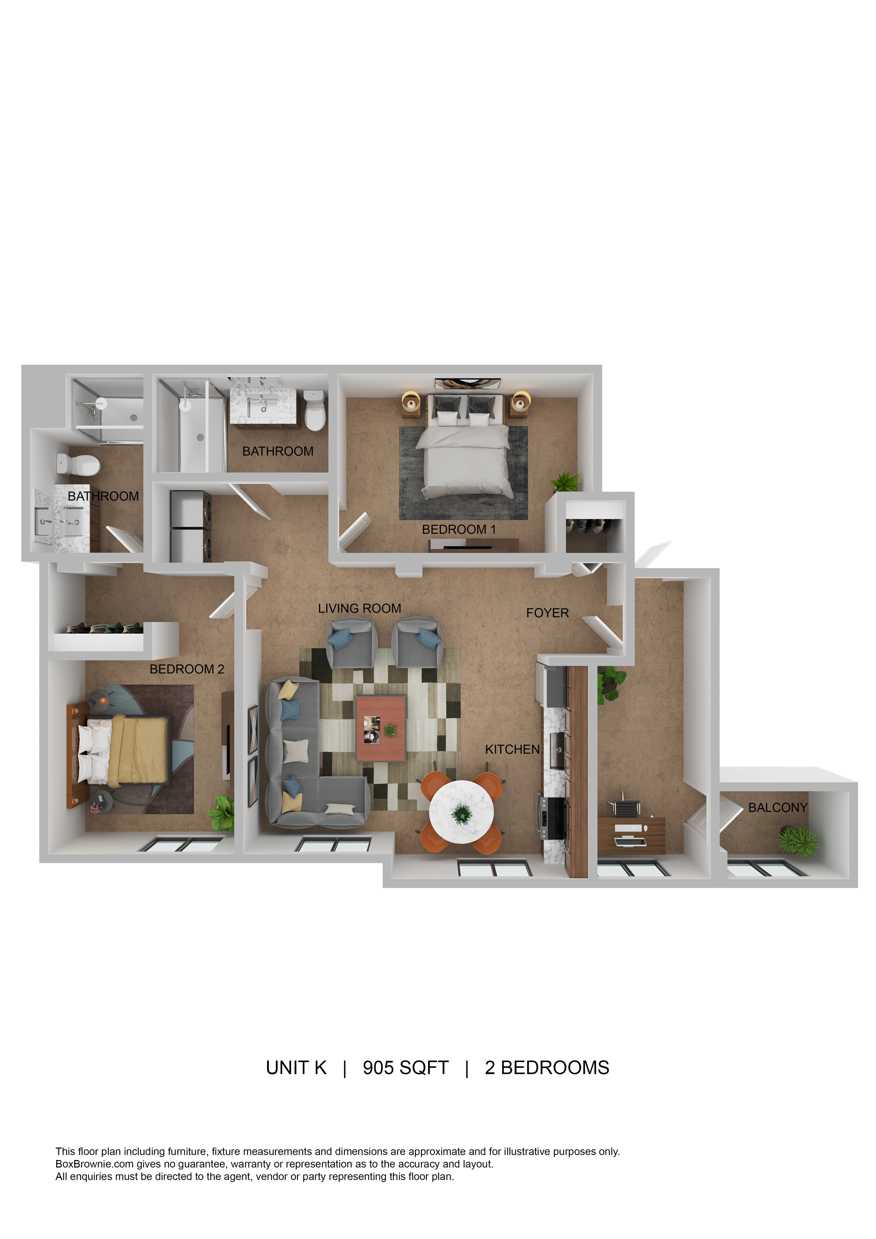 Elegant floor plan of a 2-bedroom unit with a spacious living area, kitchen, and private balcony.