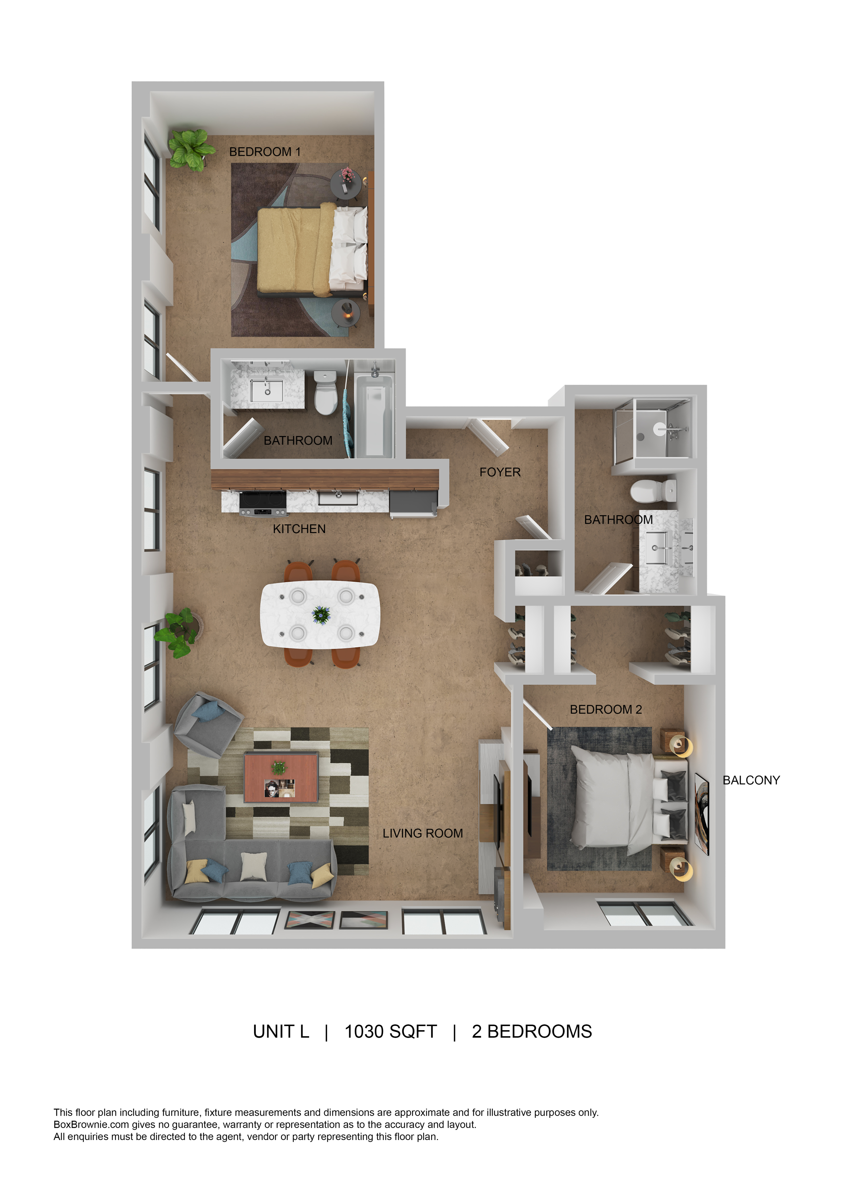 Stylish 3D floor plan of a 1030 sq ft apartment with 2 bedrooms, a cozy living area, and a modern kitchen.