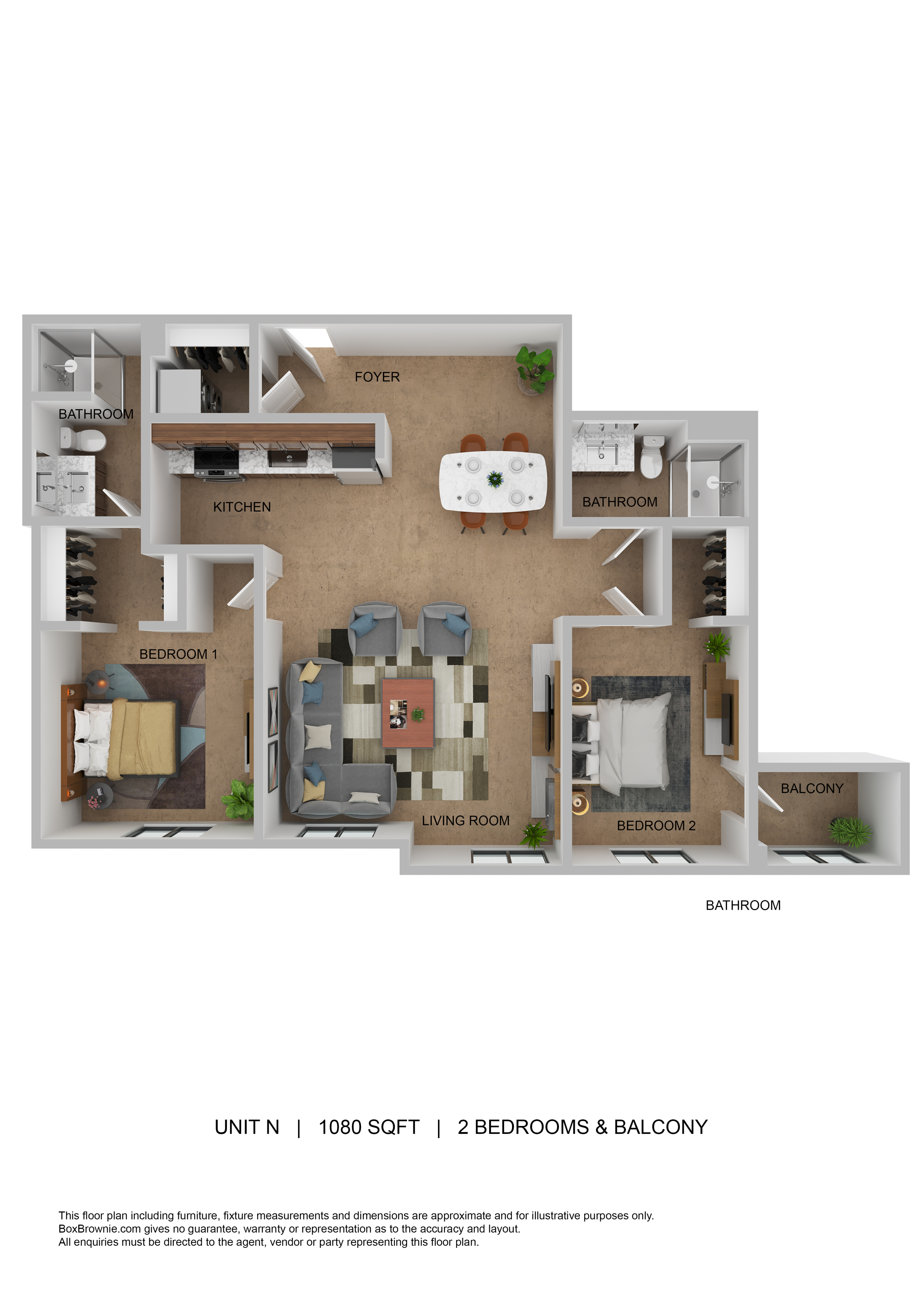Stylish 3D floor plan of a 1080 sqft unit with 2 bedrooms, a large living room, and a balcony.