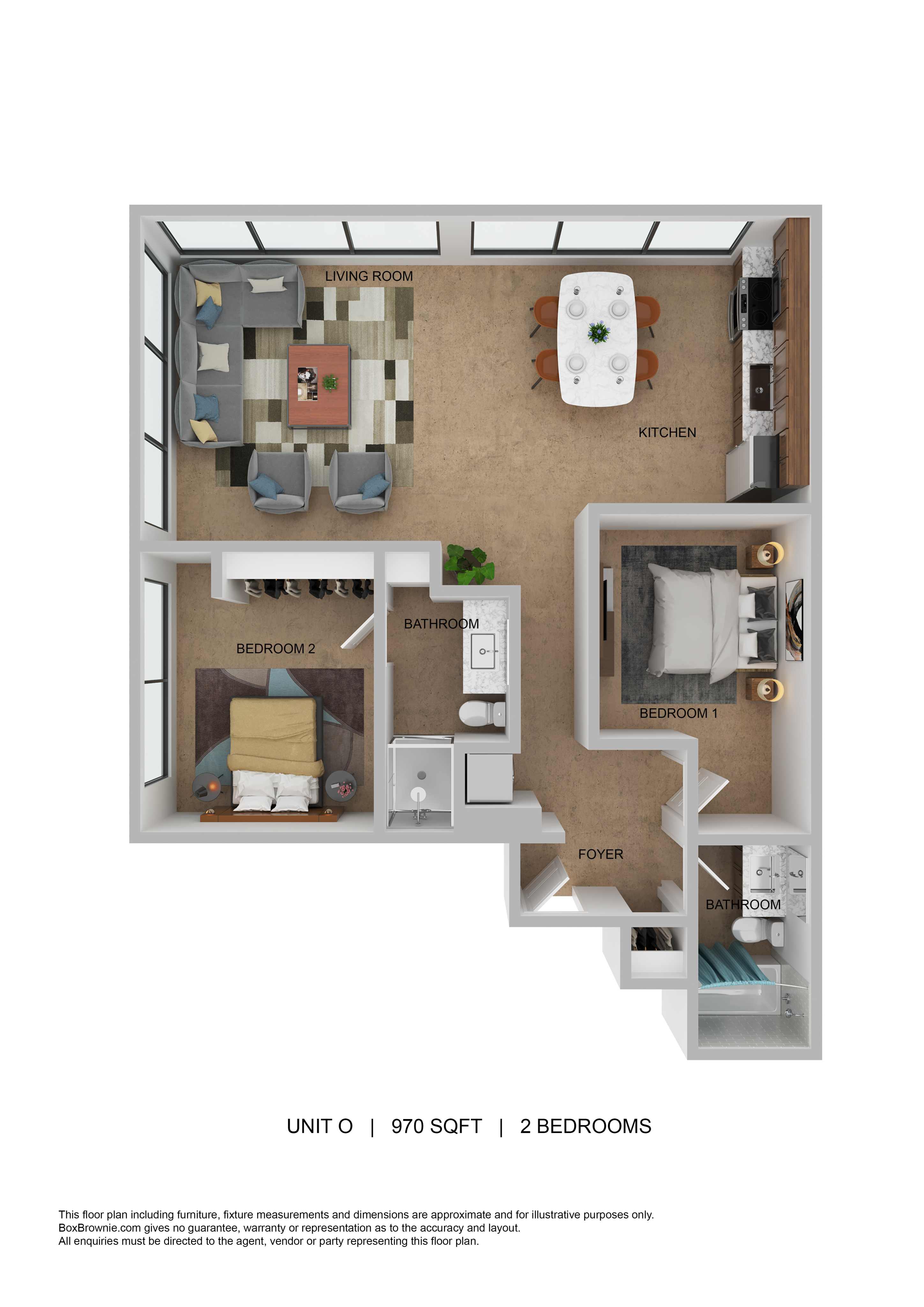 Modern 3D floor plan displaying 2 bedrooms, an open living room, and a contemporary kitchen.