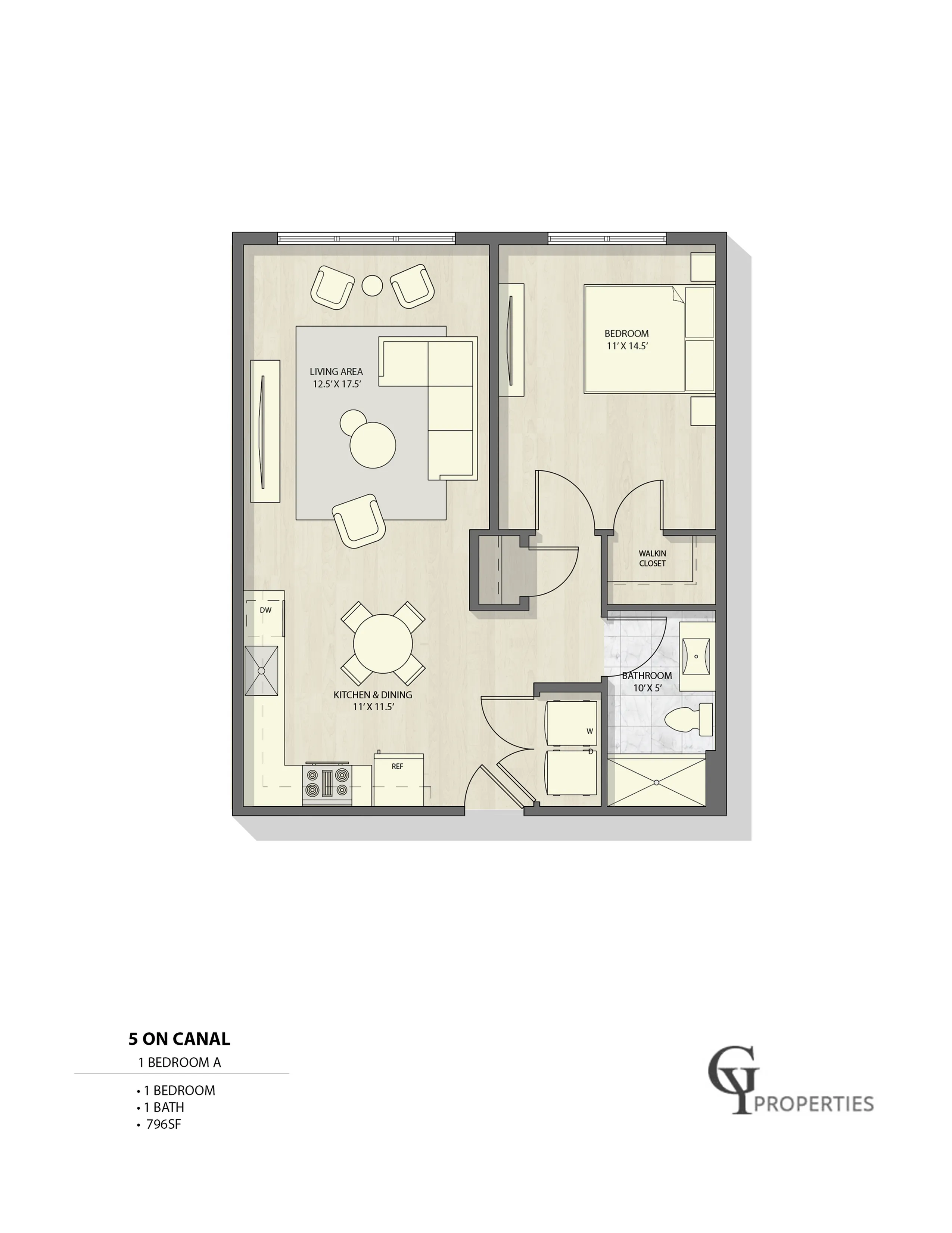 Modern 2D floor plan of \'5 on Canal\' showcasing 1-bedroom, open living area, and efficient kitchen design, covering 796 sq ft.