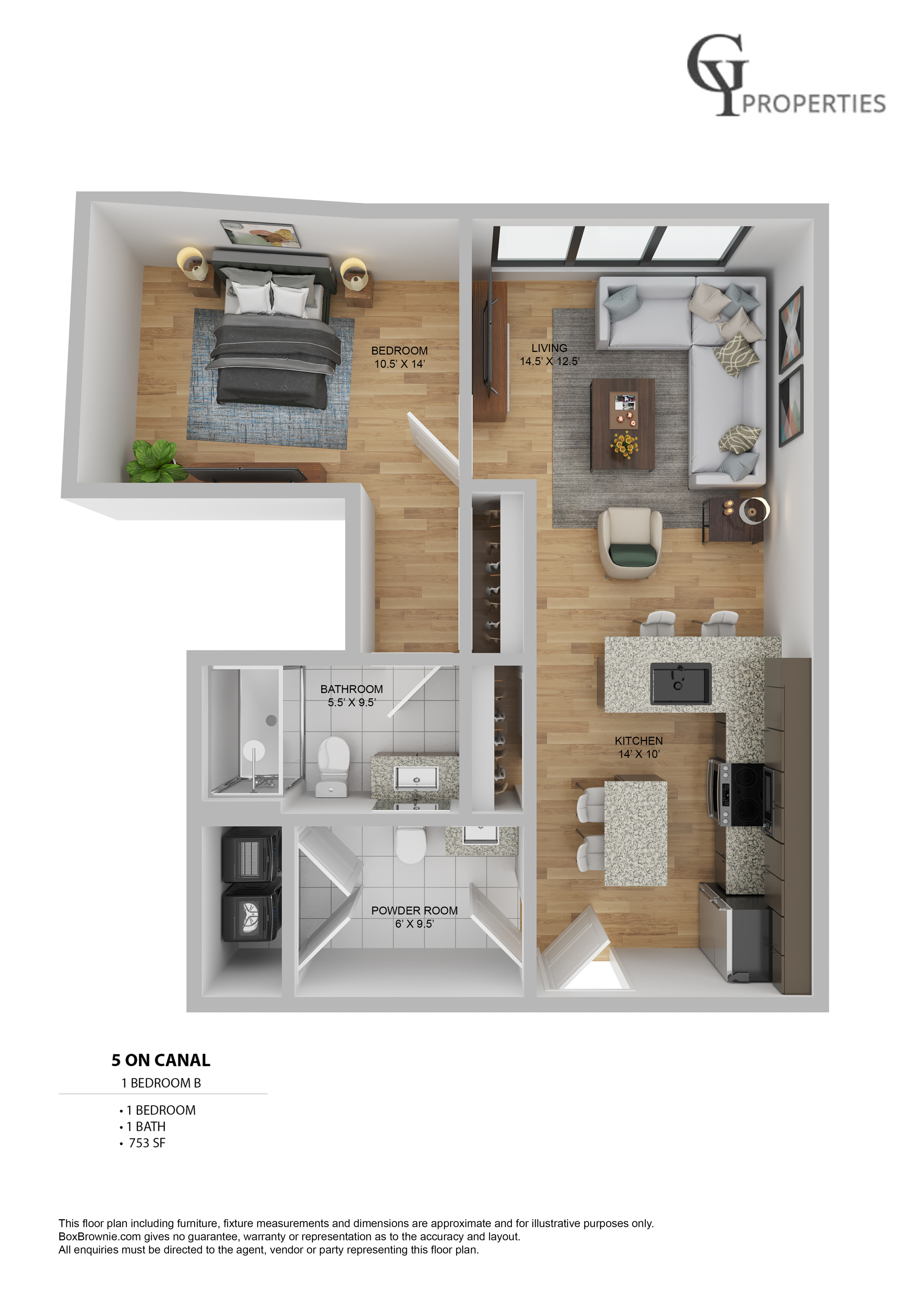Modern 1-bedroom floor plan featuring a spacious living area, sleek kitchen with island, and convenient bathroom and powder room layout.